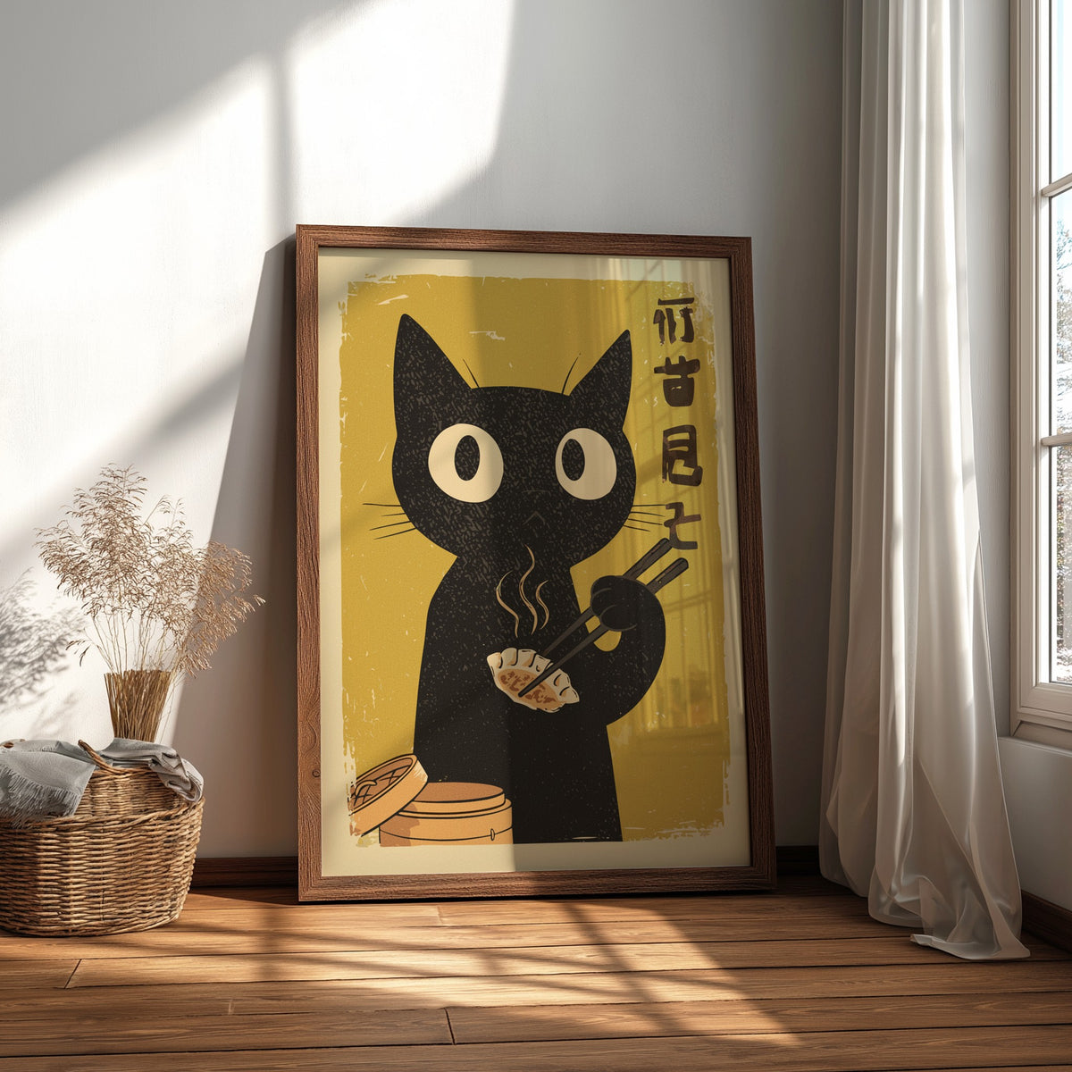 Black Cat Eating Dumplings Poster – Retro Japanese Kitchen Art Print