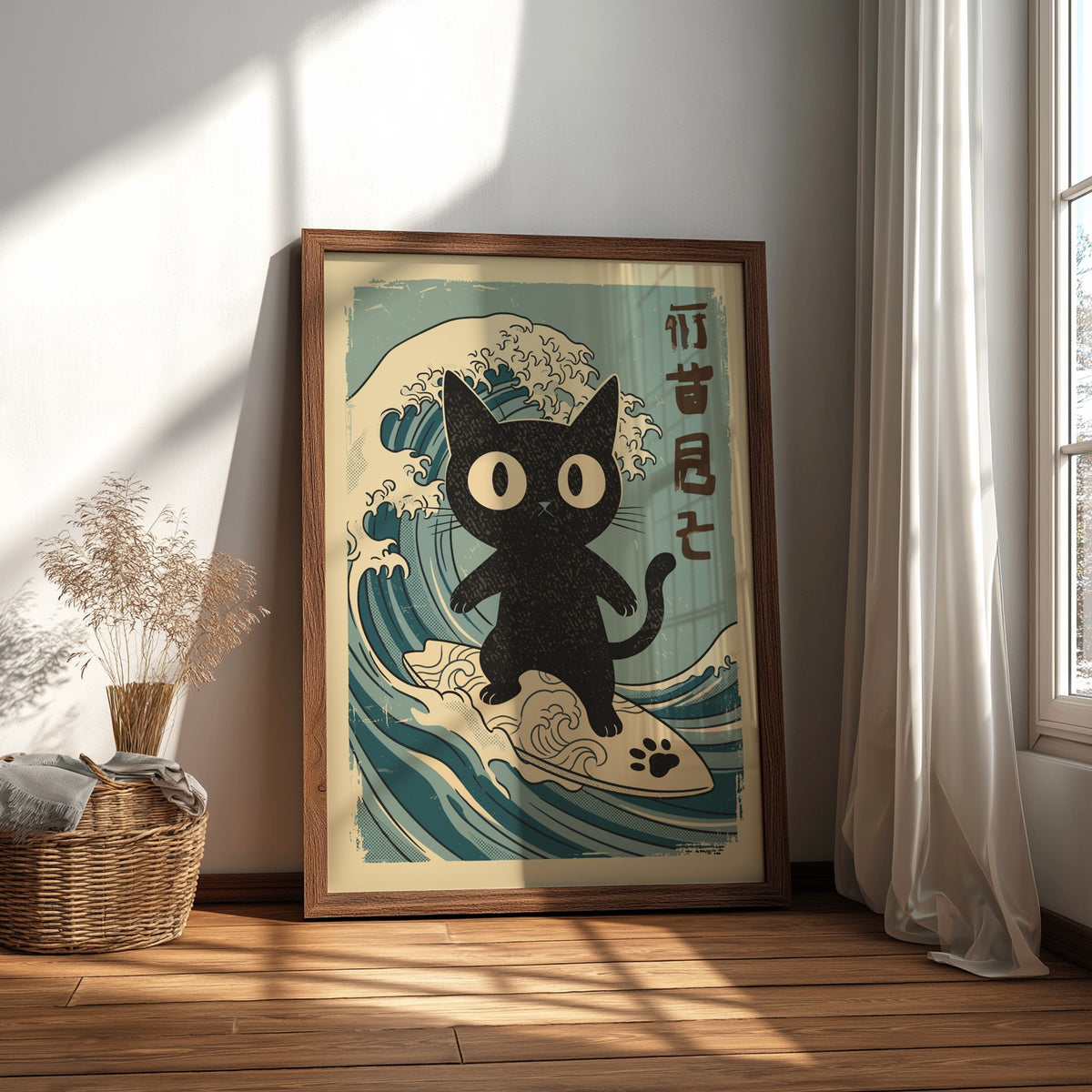 Black Cat Surfing Poster – Funny Retro Japanese Surf Wall Art Print