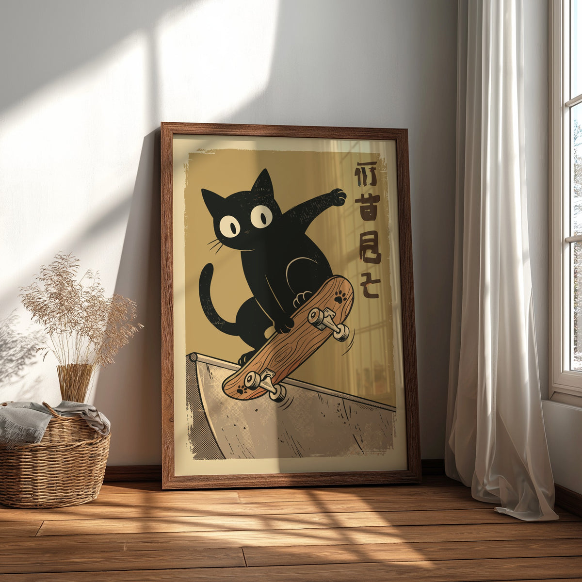 Black Cat Skateboarding Poster – Funny Retro Japanese Skater Art Print
