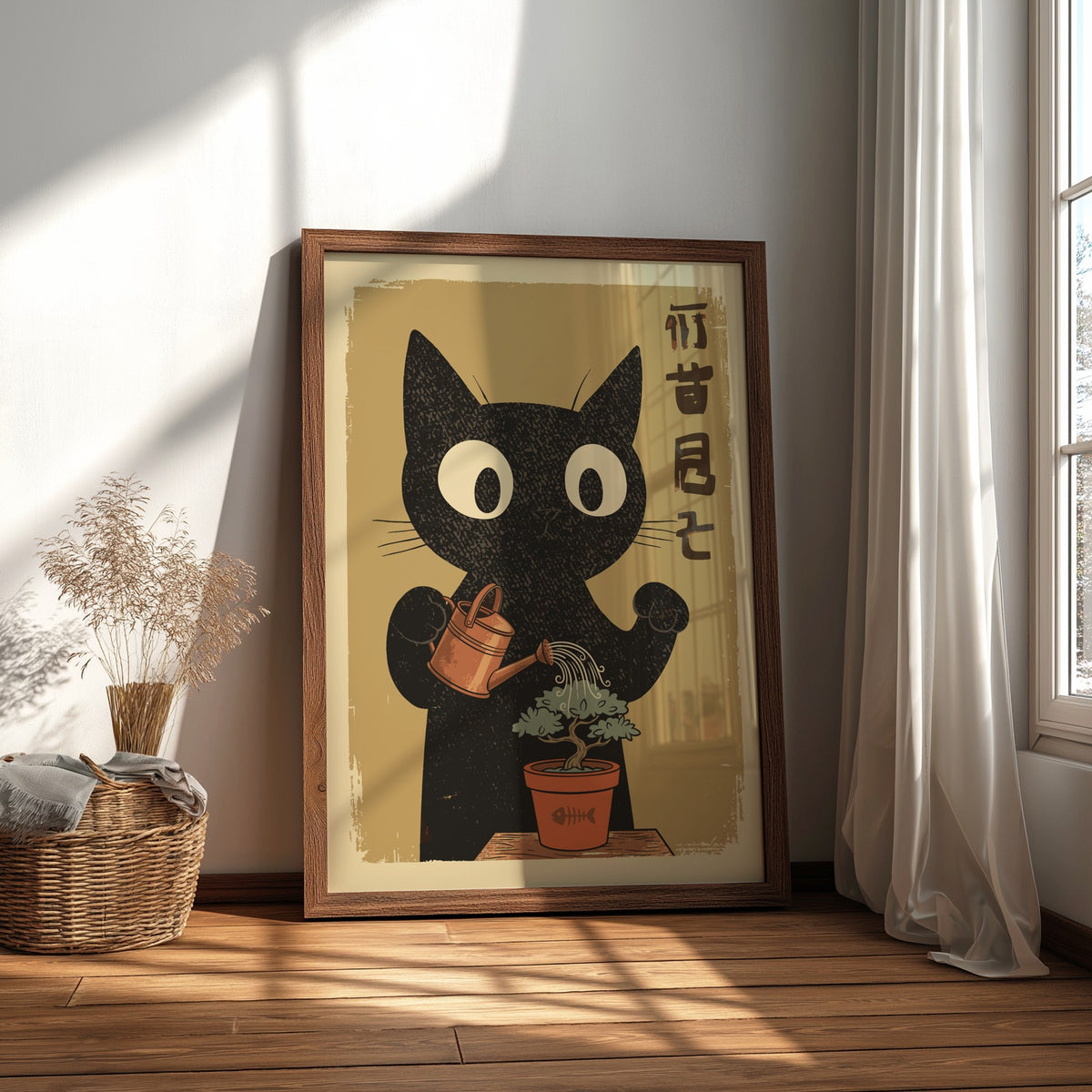 Black Cat Watering Bonsai Poster – Retro Japanese Zen Plant Art Print