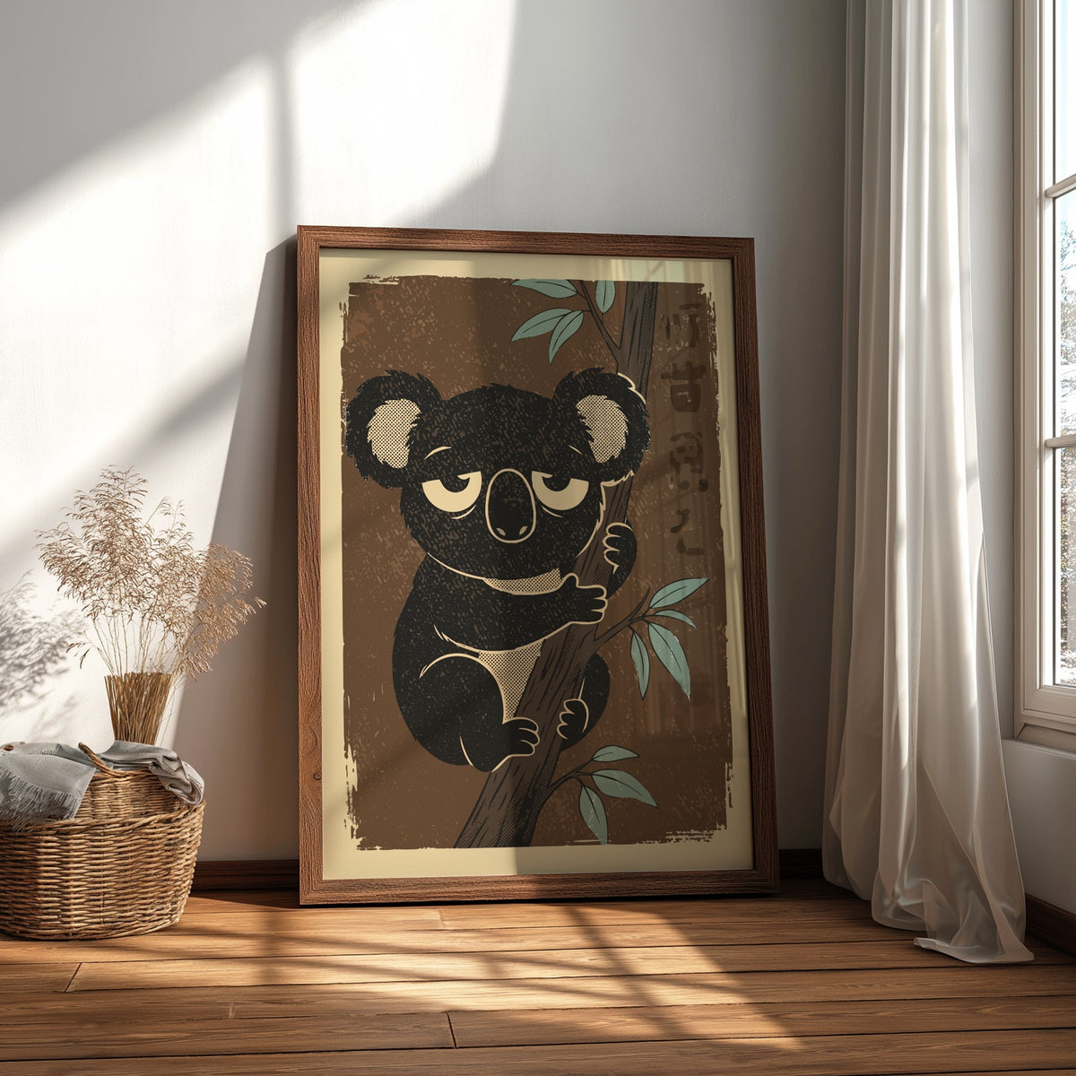 Black Koala Resting on a Branch Poster – Calm Retro Bedroom Art Print