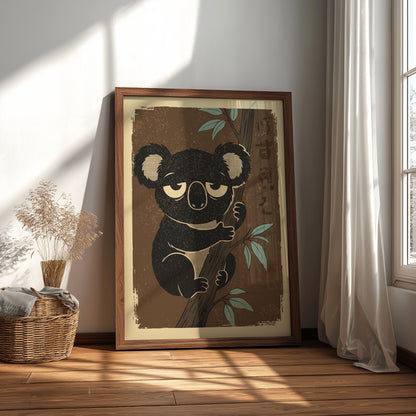 Black Koala Resting on a Branch Poster – Calm Retro Bedroom Art Print