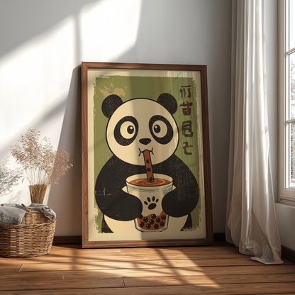 Panda Drinking Bubble Tea Poster – Cute Retro Kawaii Boba Art Print