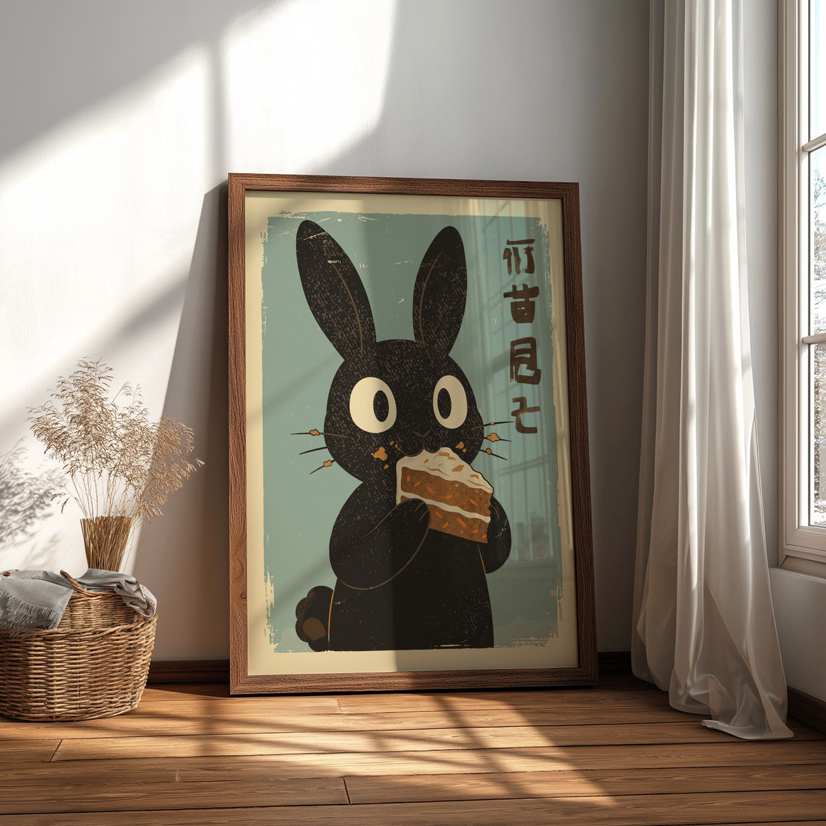 Black Rabbit Eating Carrot Cake Poster – Funny Retro Kitchen Art Print