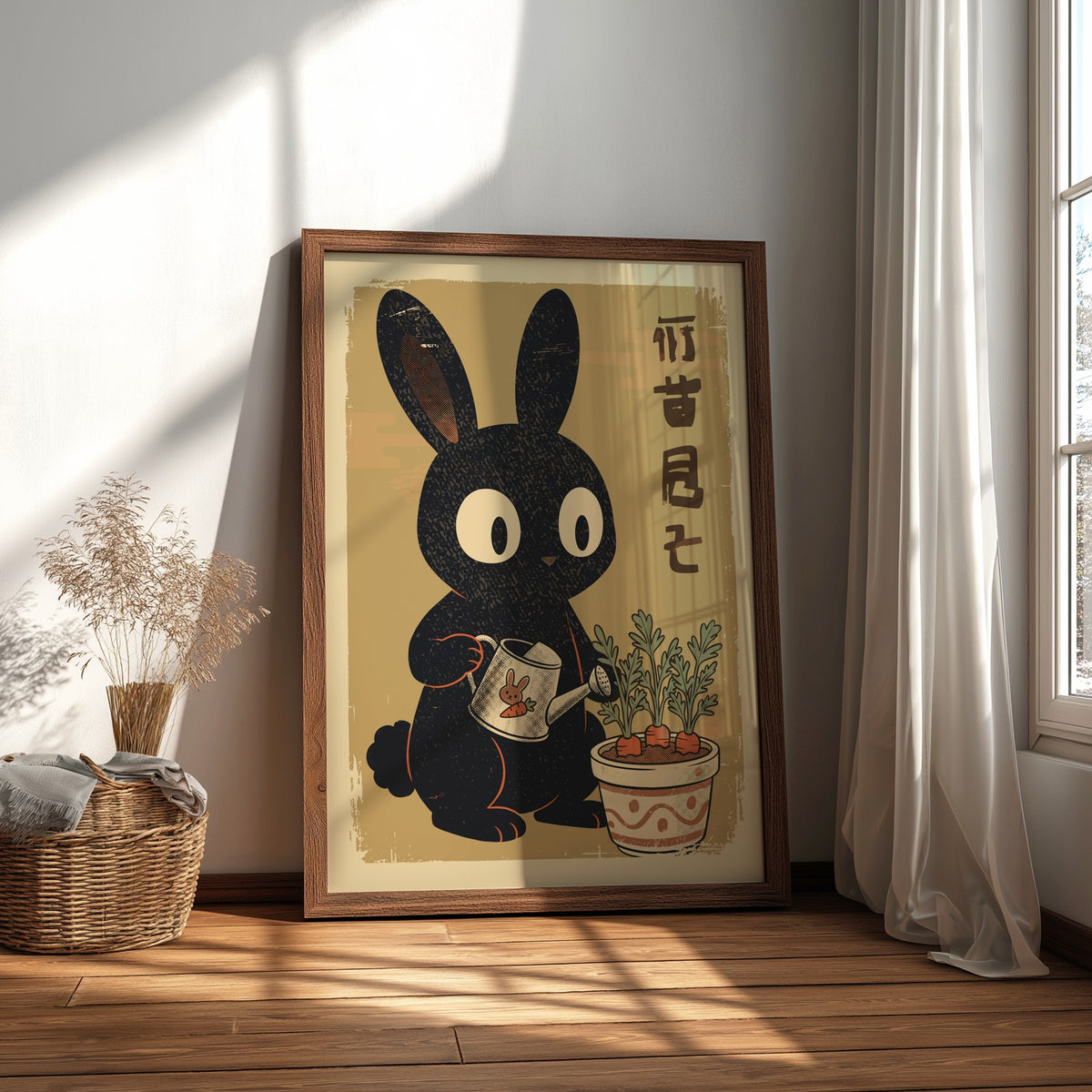 Black Rabbit Watering Carrot Plants Poster – Retro Garden Art Print
