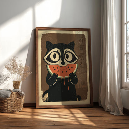 Raccoon Eating Watermelon Poster – Funny Retro Summer Fruit Art Print