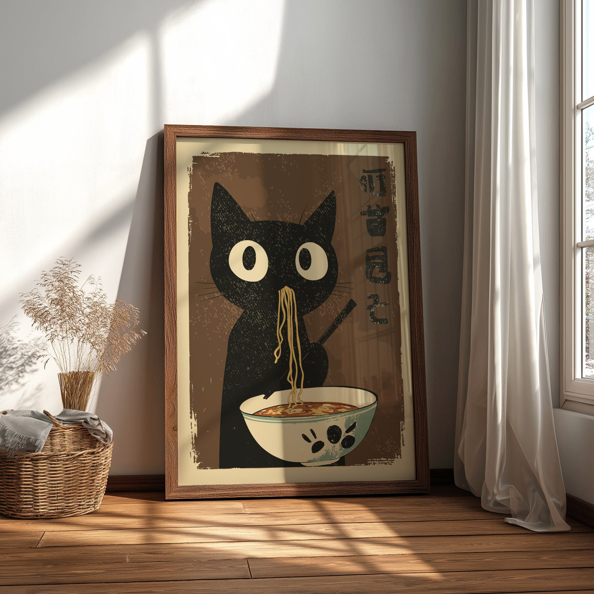 A stylized poster-style illustration of a black cat holding chopsticks and eating noodles from a bowl, set against a warm brown background with black Japanese characters on the right.