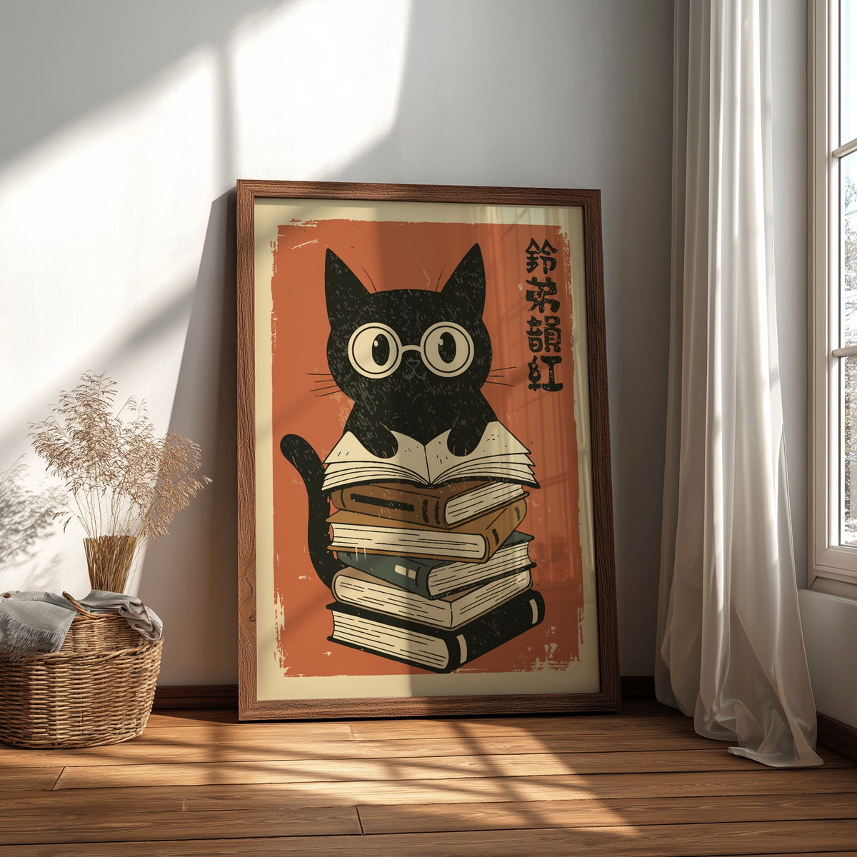 A stylized illustration of a black cat wearing round glasses and sitting on top of a tall stack of books, with vertical black characters on the right, set against a warm red background with distressed texture.