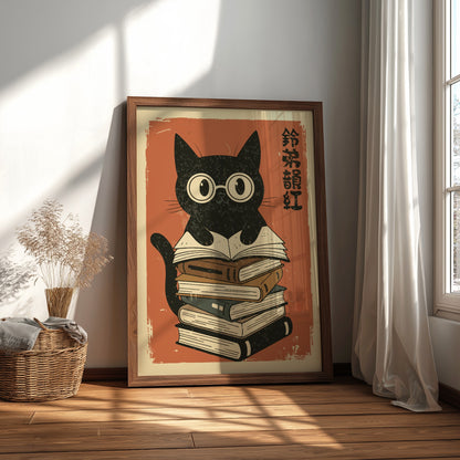 A stylized illustration of a black cat wearing round glasses and sitting on top of a tall stack of books, with vertical black characters on the right, set against a warm red background with distressed texture.