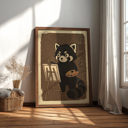 Red Panda Painting Poster – Cute Retro Japanese Art Studio Wall Print