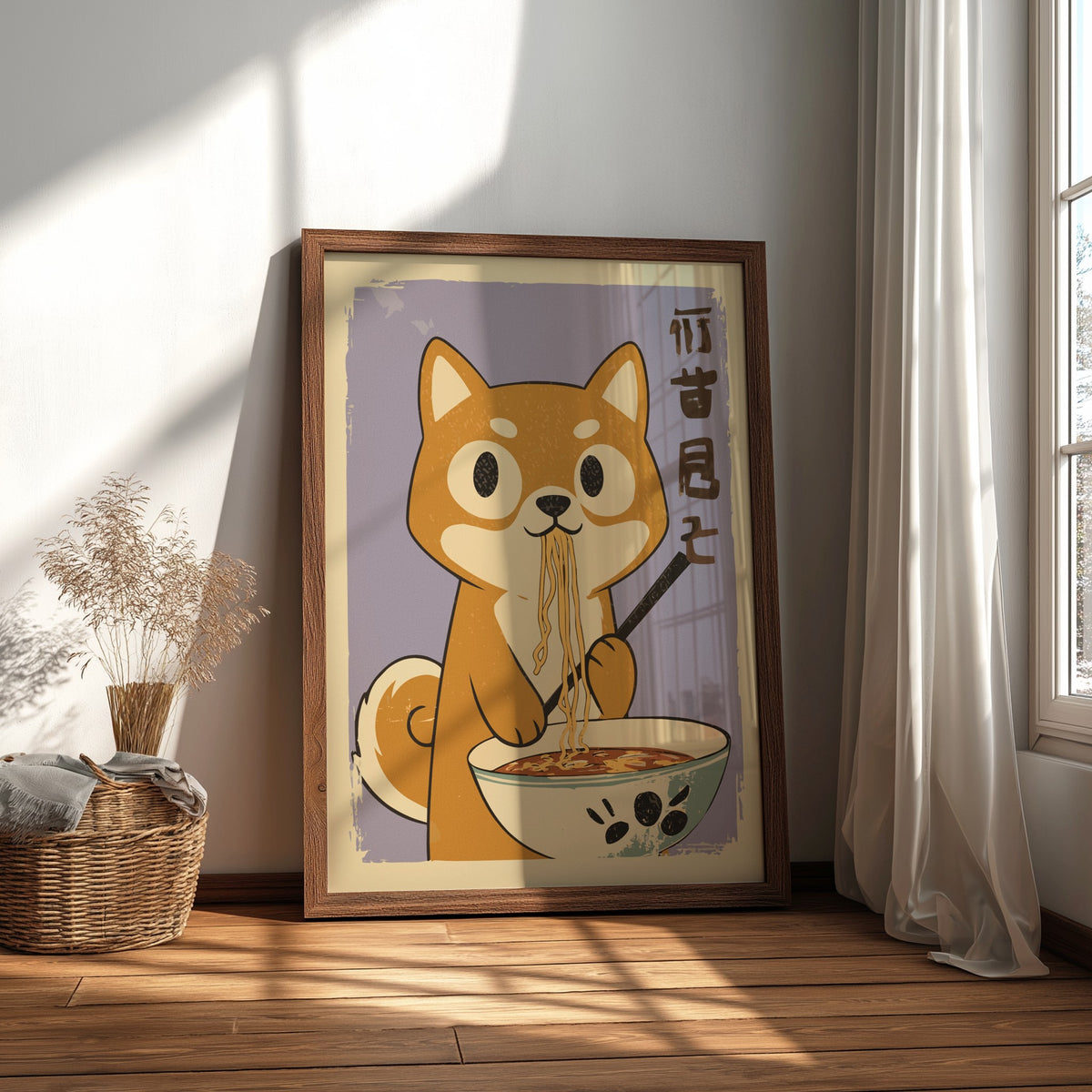Shiba Inu Eating Ramen Poster – Funny Retro Japanese Kitchen Art Print