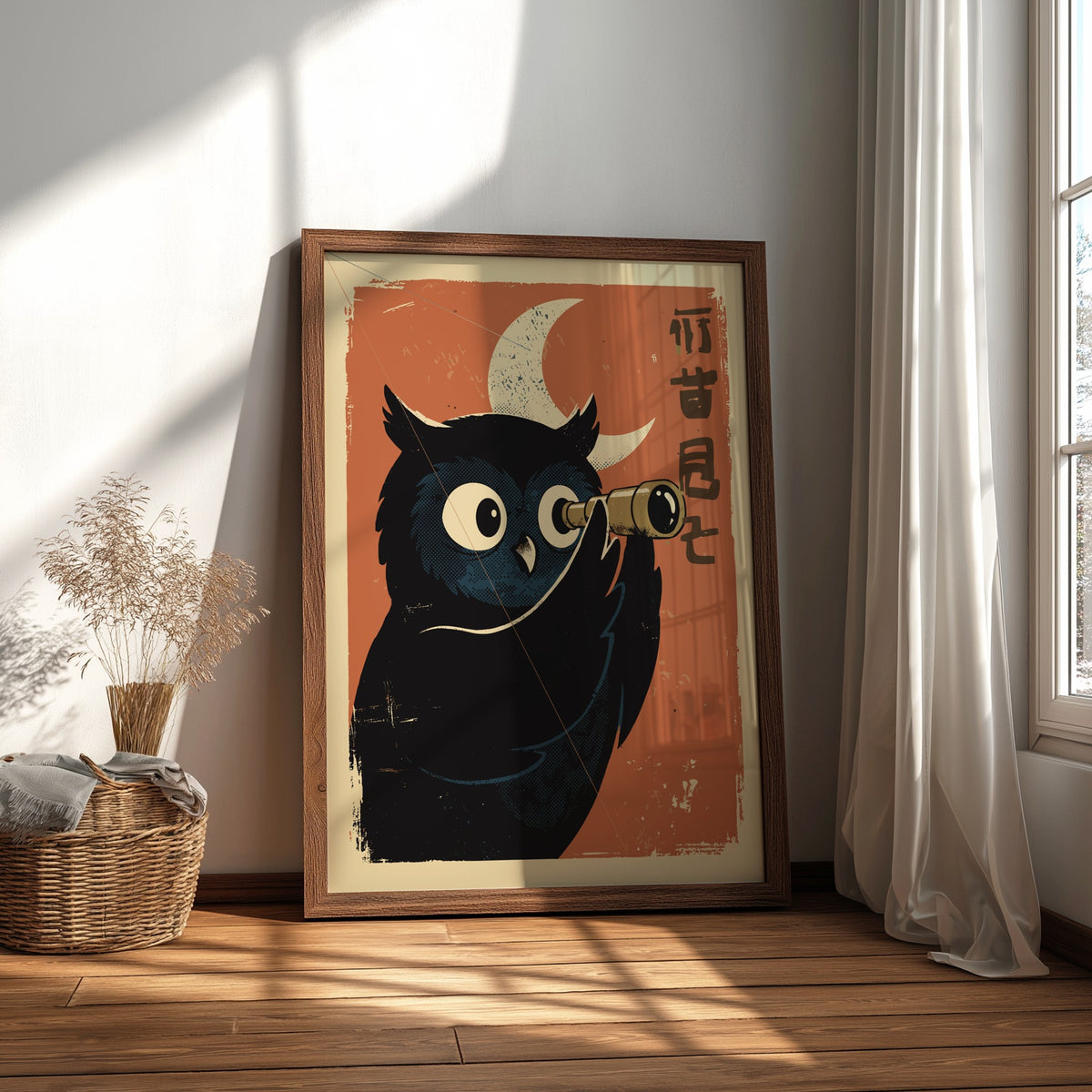 Black Owl Stargazing Poster – Dreamy Retro Japanese Bedroom Art Print