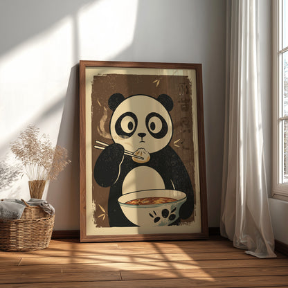 Panda Eating Dumplings Poster – Funny Retro Japanese Kitchen Art Print
