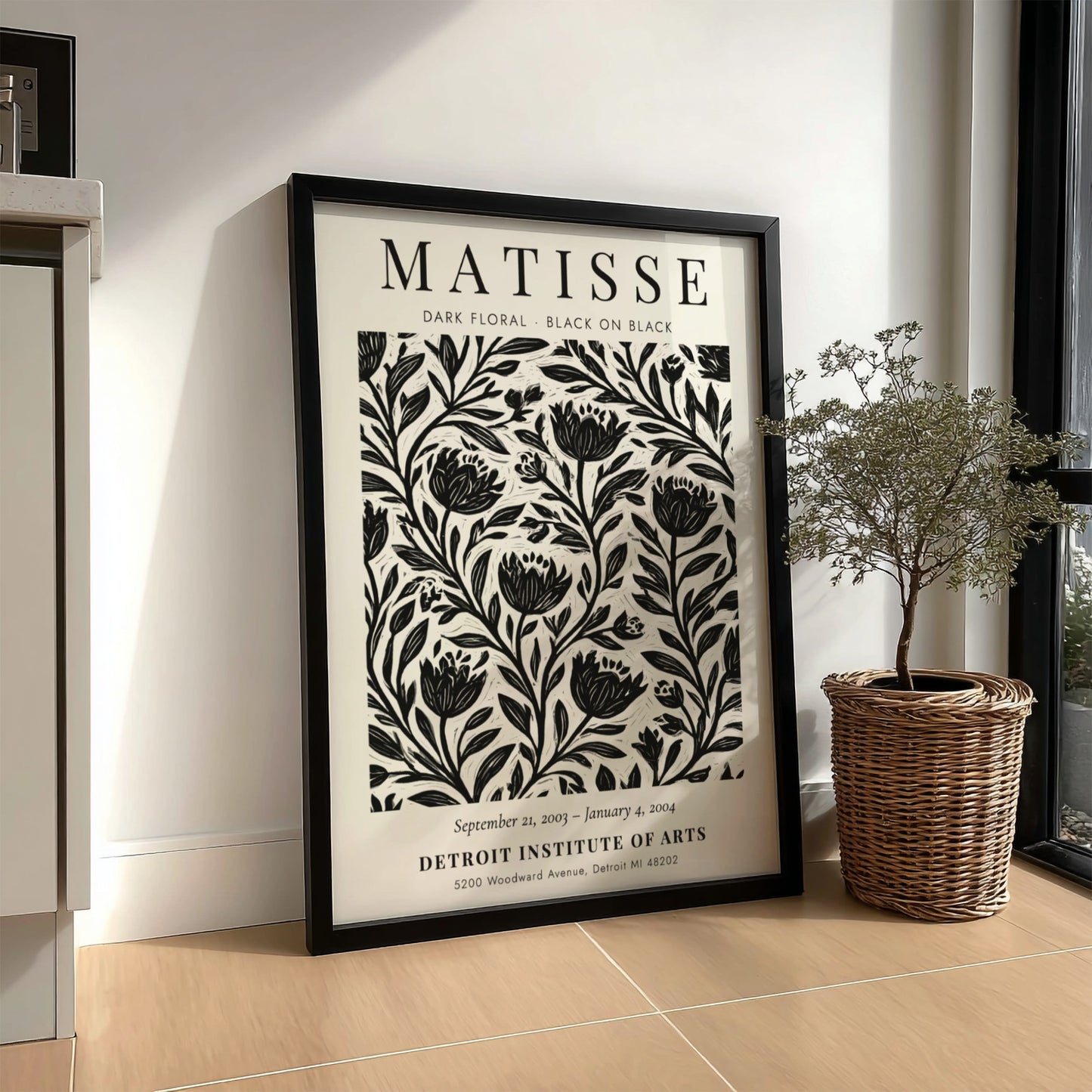 Dark Floral Poster featuring black-on-black design inspired by Henri Matisse, ideal for wall decor and modern