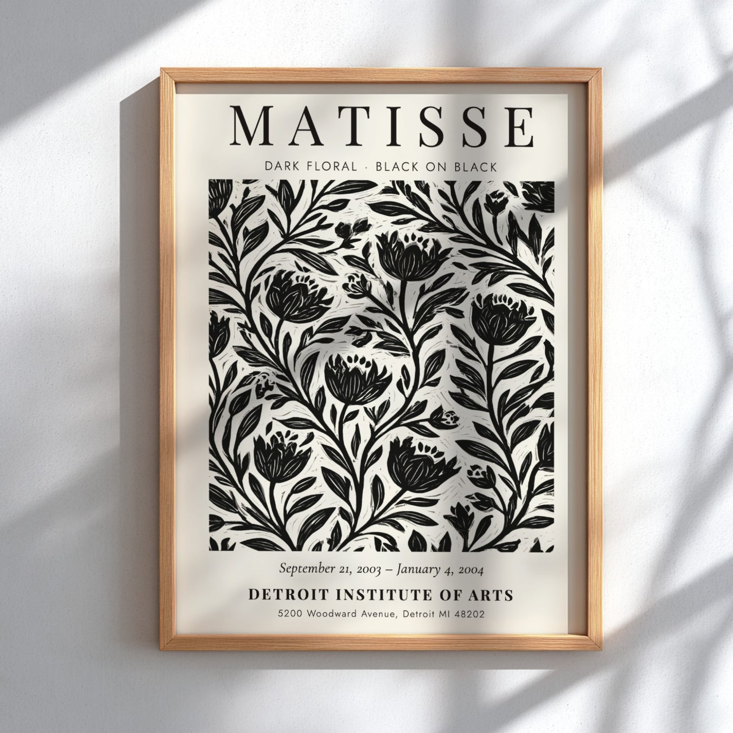 Dark Floral Poster featuring black-on-black design inspired by Henri Matisse, ideal for wall decor and modern