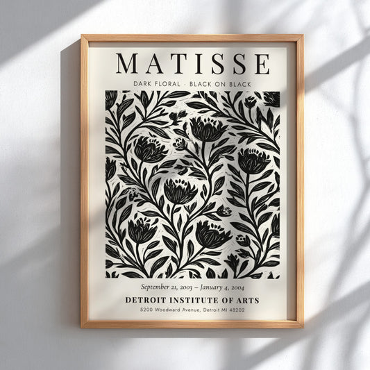 Dark Floral Poster featuring black-on-black design inspired by Henri Matisse, ideal for wall decor and modern