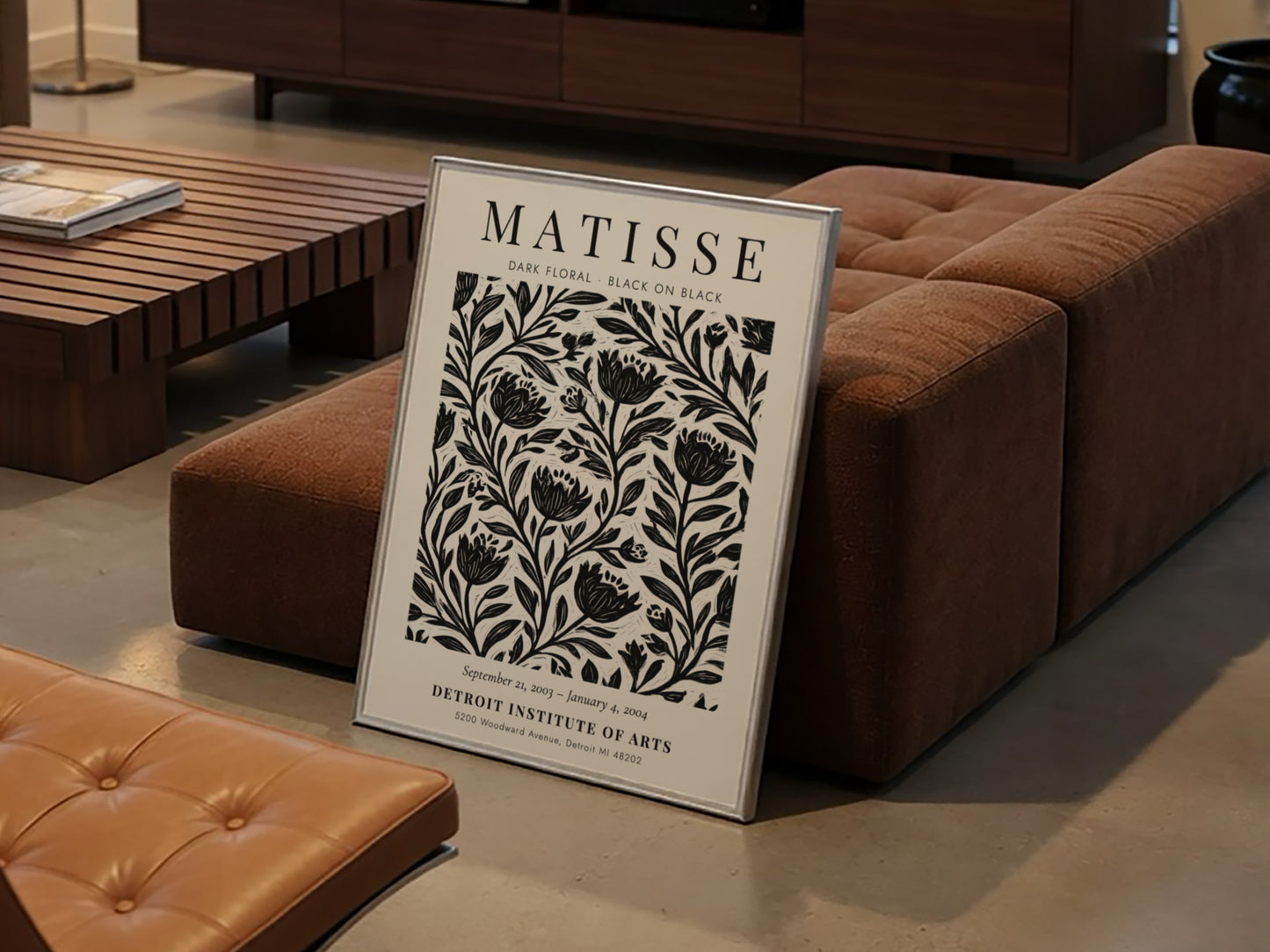Dark Floral Poster featuring black-on-black design inspired by Henri Matisse, ideal for wall decor and modern