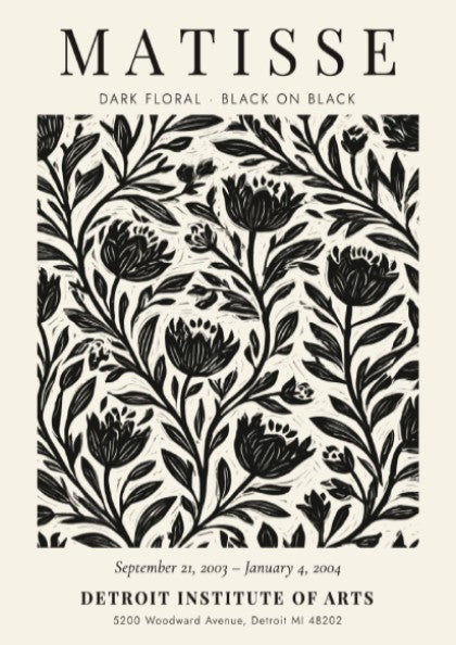 Dark Floral Poster featuring black-on-black design inspired by Henri Matisse, ideal for wall decor and modern