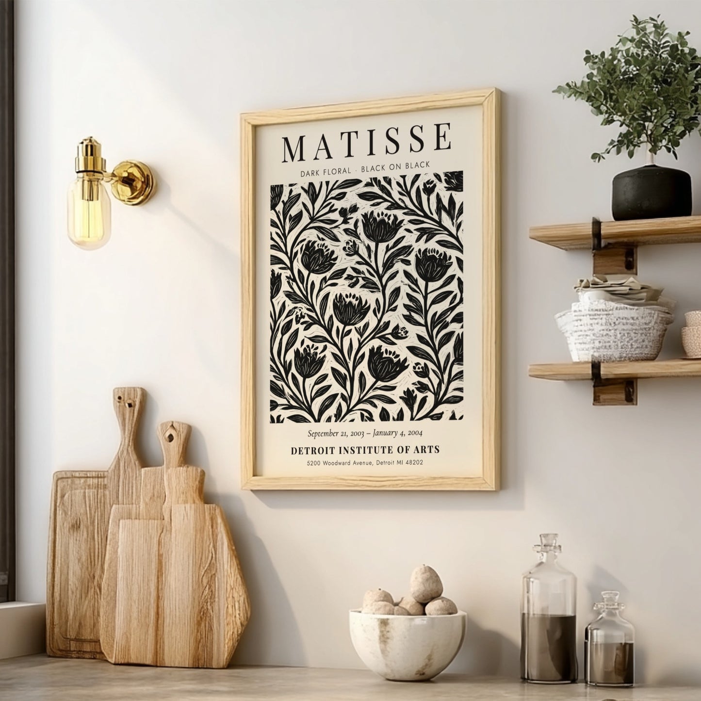 Dark Floral Poster featuring black-on-black design inspired by Henri Matisse, ideal for wall decor and modern