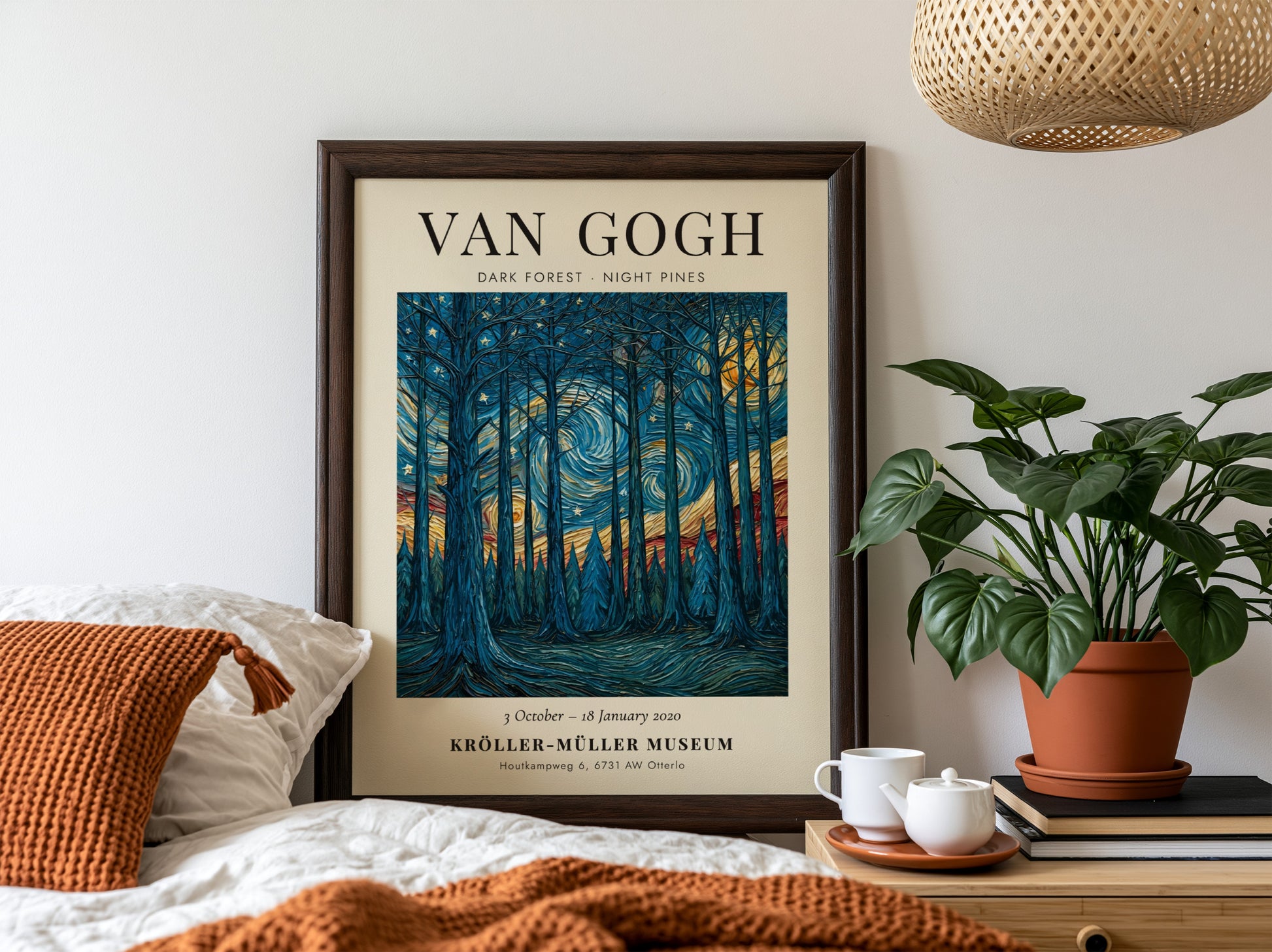 Dark Forest Night Pines poster featuring swirling blues and yellows, inspired by Van Gogh's style.