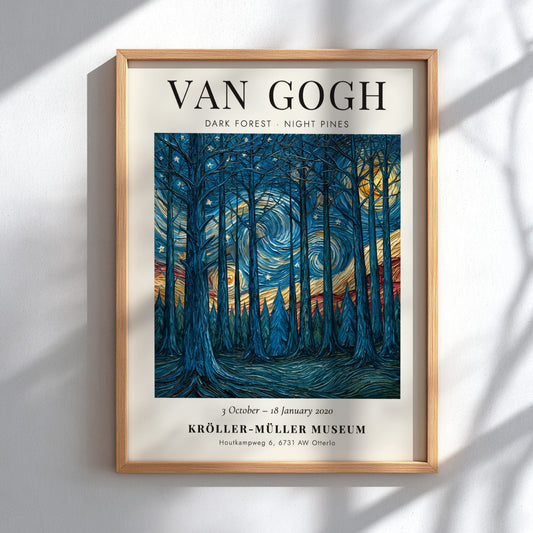 Dark Forest Night Pines poster featuring swirling blues and yellows, inspired by Van Gogh's style.