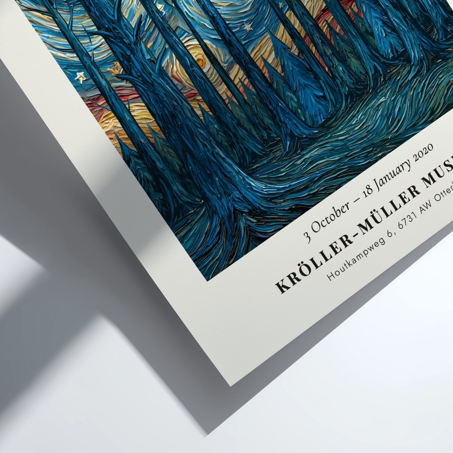 Dark Forest Night Pines poster featuring swirling blues and yellows, inspired by Van Gogh's style.