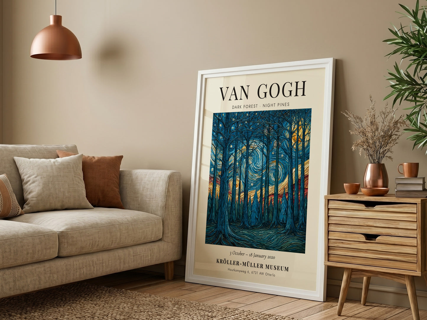 Dark Forest Night Pines poster featuring swirling blues and yellows, inspired by Van Gogh's style.