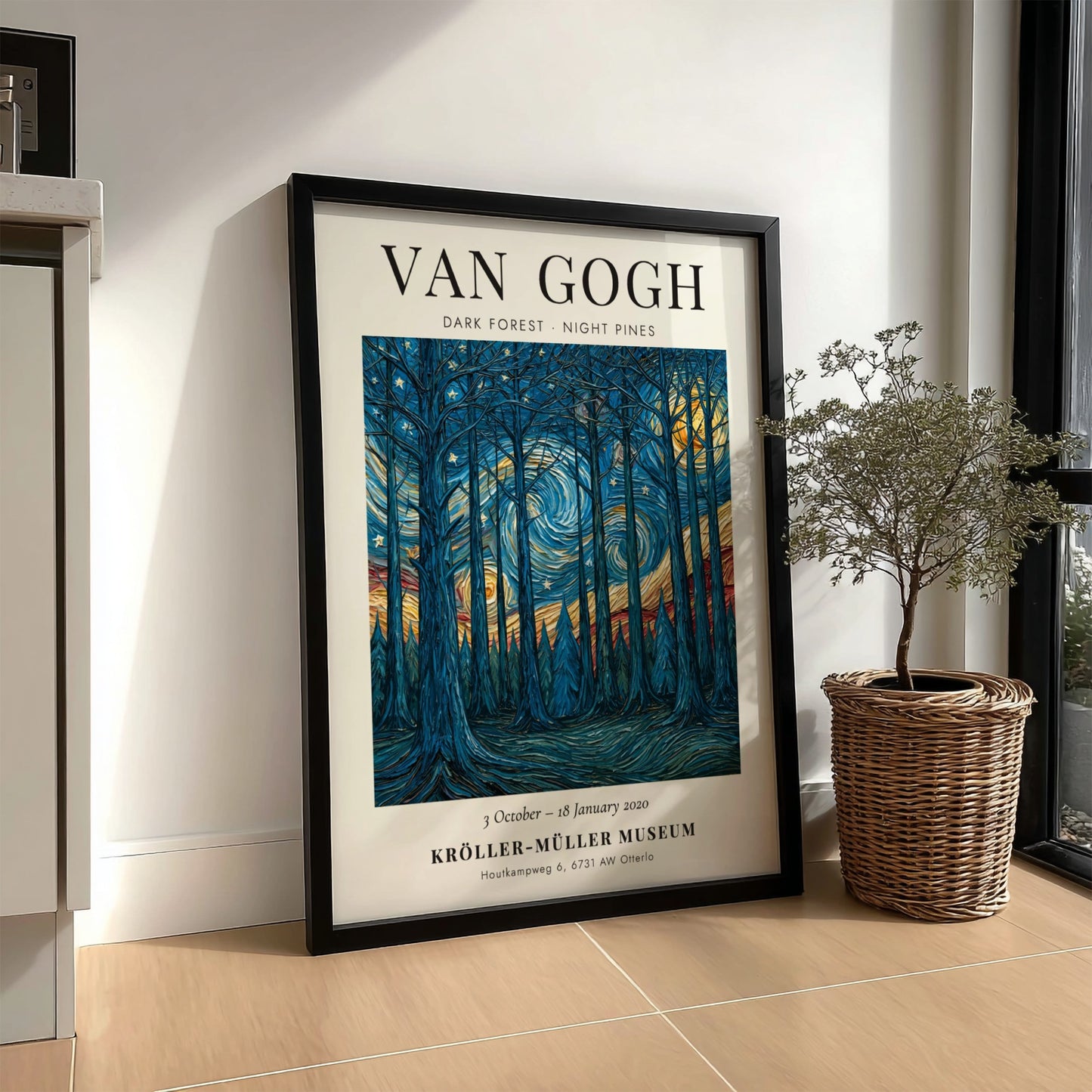 Dark Forest Night Pines poster featuring swirling blues and yellows, inspired by Van Gogh's style.