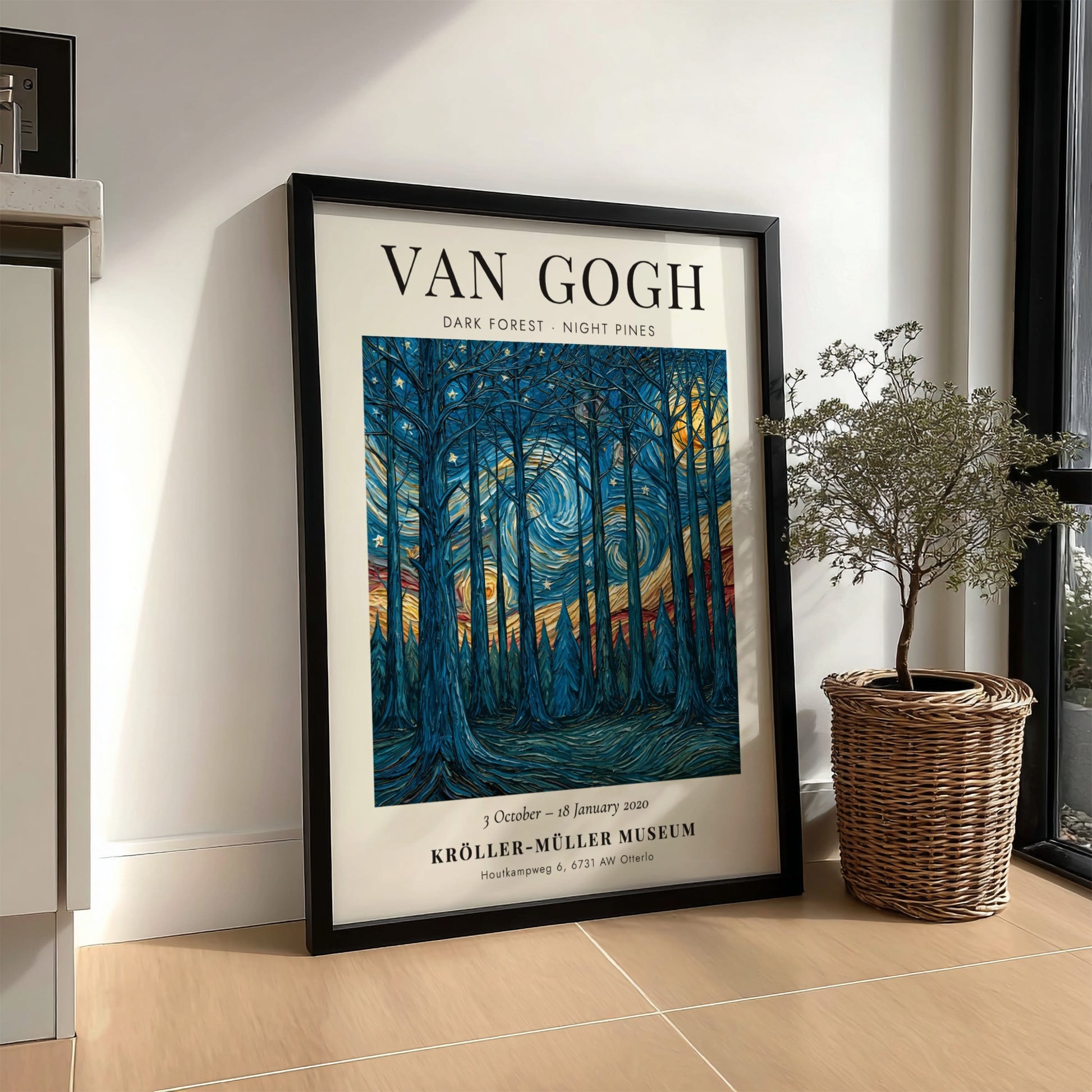 Dark Forest Night Pines poster featuring swirling blues and yellows, inspired by Van Gogh's style.