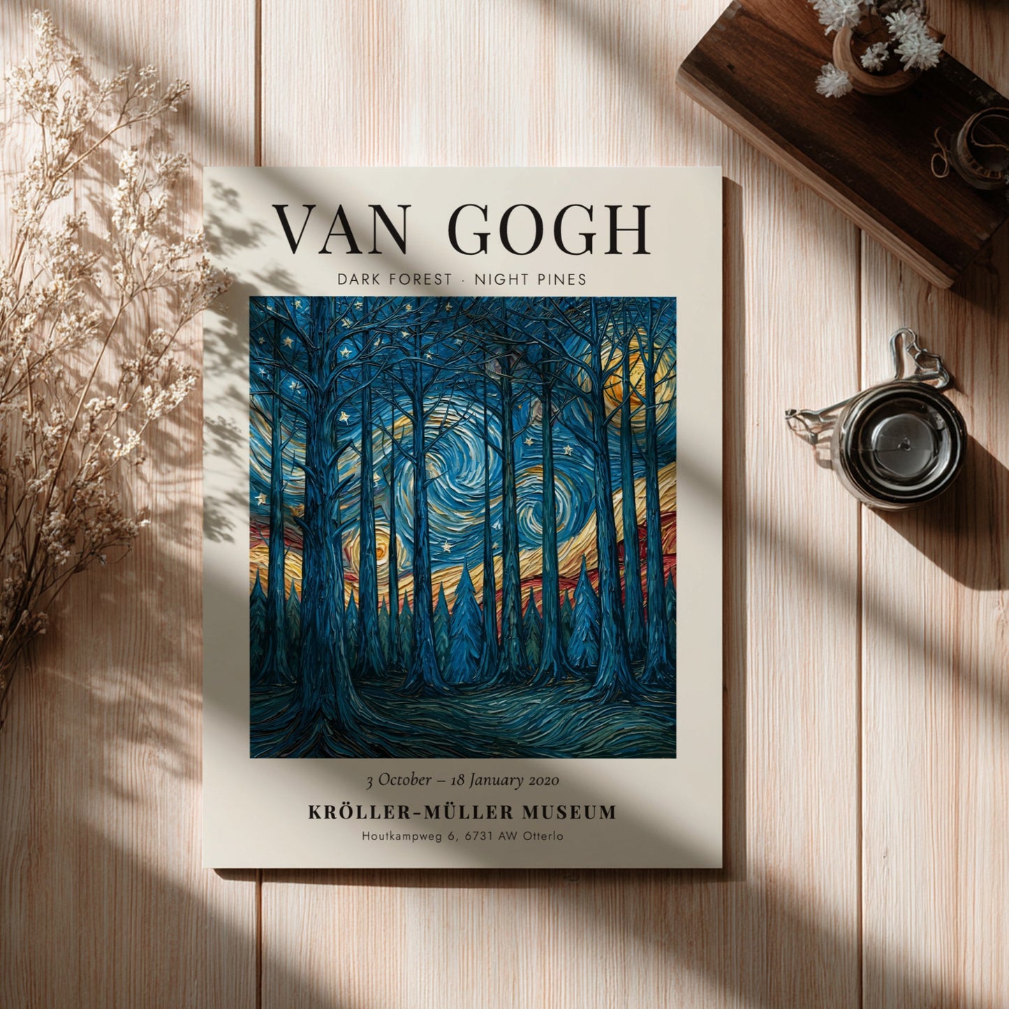Dark Forest Night Pines poster featuring swirling blues and yellows, inspired by Van Gogh's style.