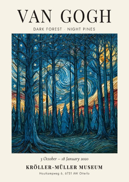 Dark Forest Night Pines poster featuring swirling blues and yellows, inspired by Van Gogh's style.