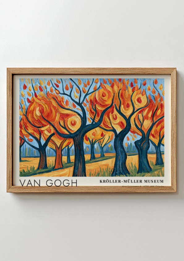 Van Gogh poster featuring vibrant autumn trees in blue and orange hues