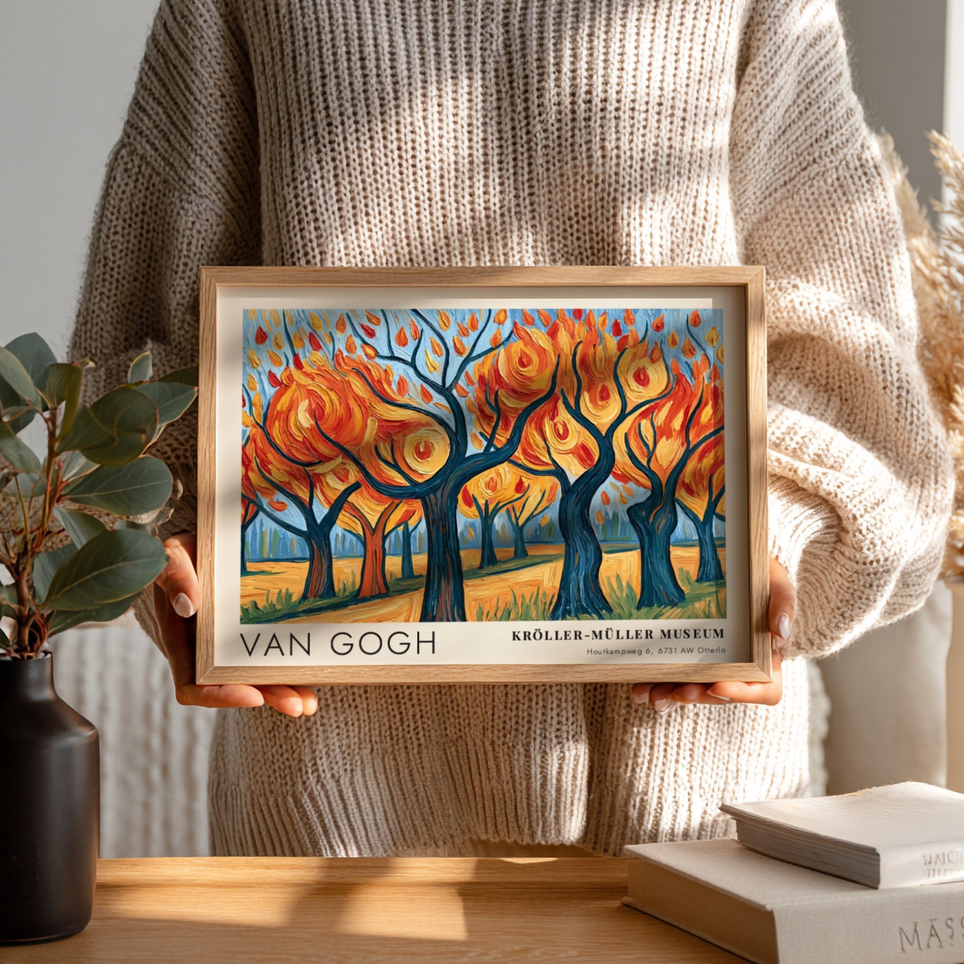 Van Gogh poster featuring vibrant autumn trees in blue and orange hues