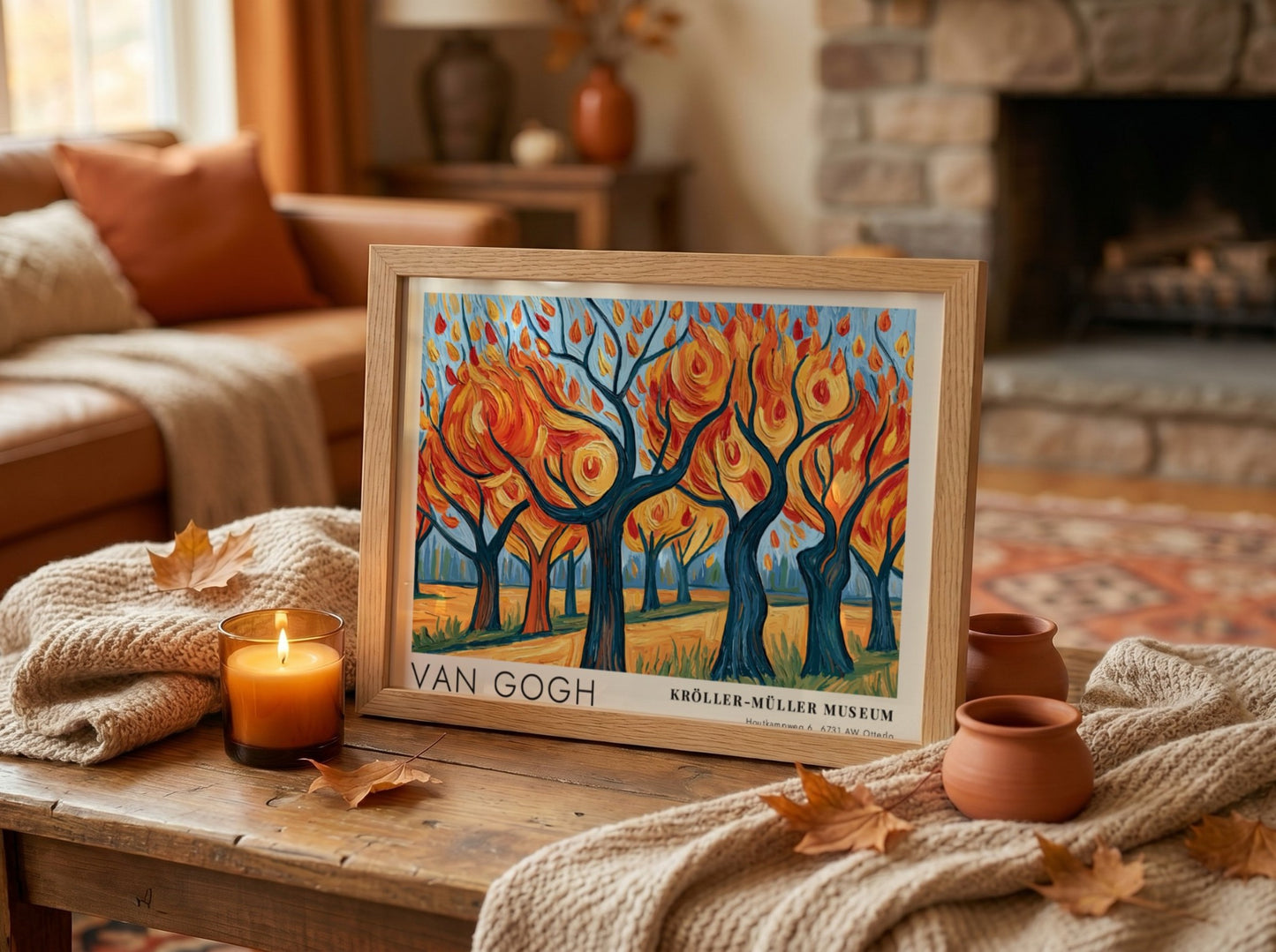 Van Gogh poster featuring vibrant autumn trees in blue and orange hues