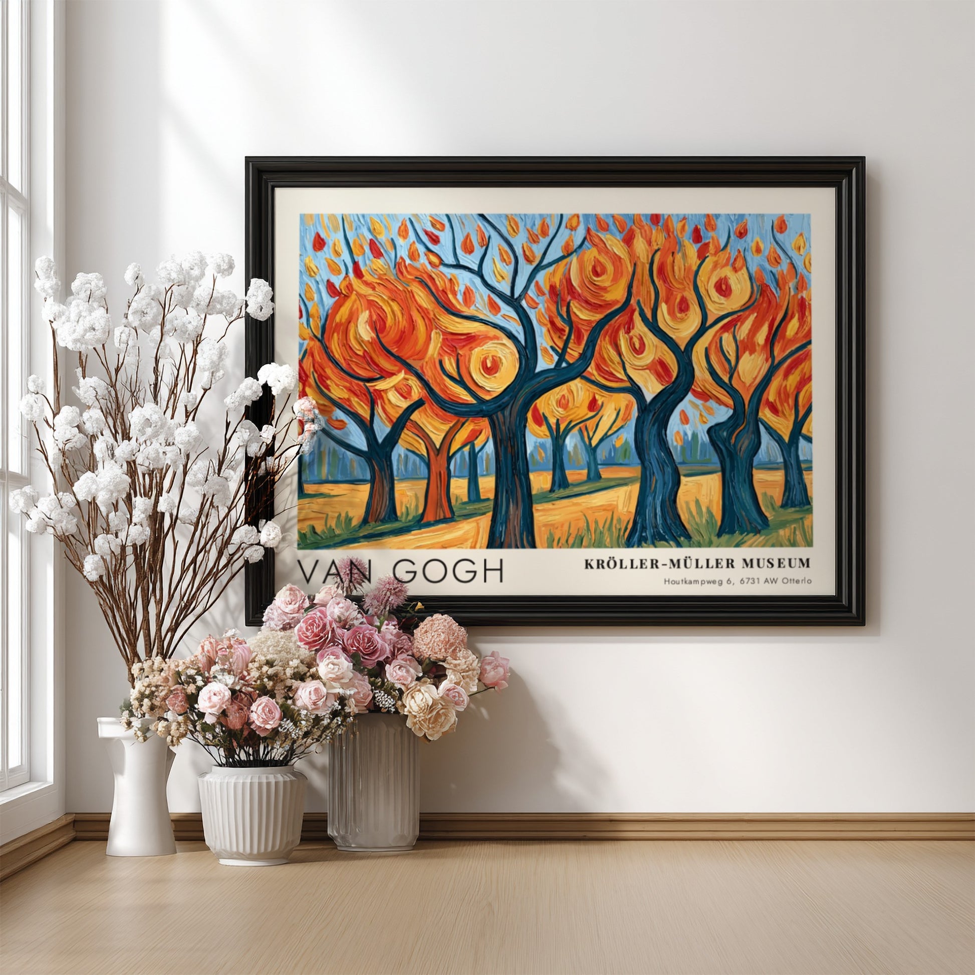 Van Gogh poster featuring vibrant autumn trees in blue and orange hues