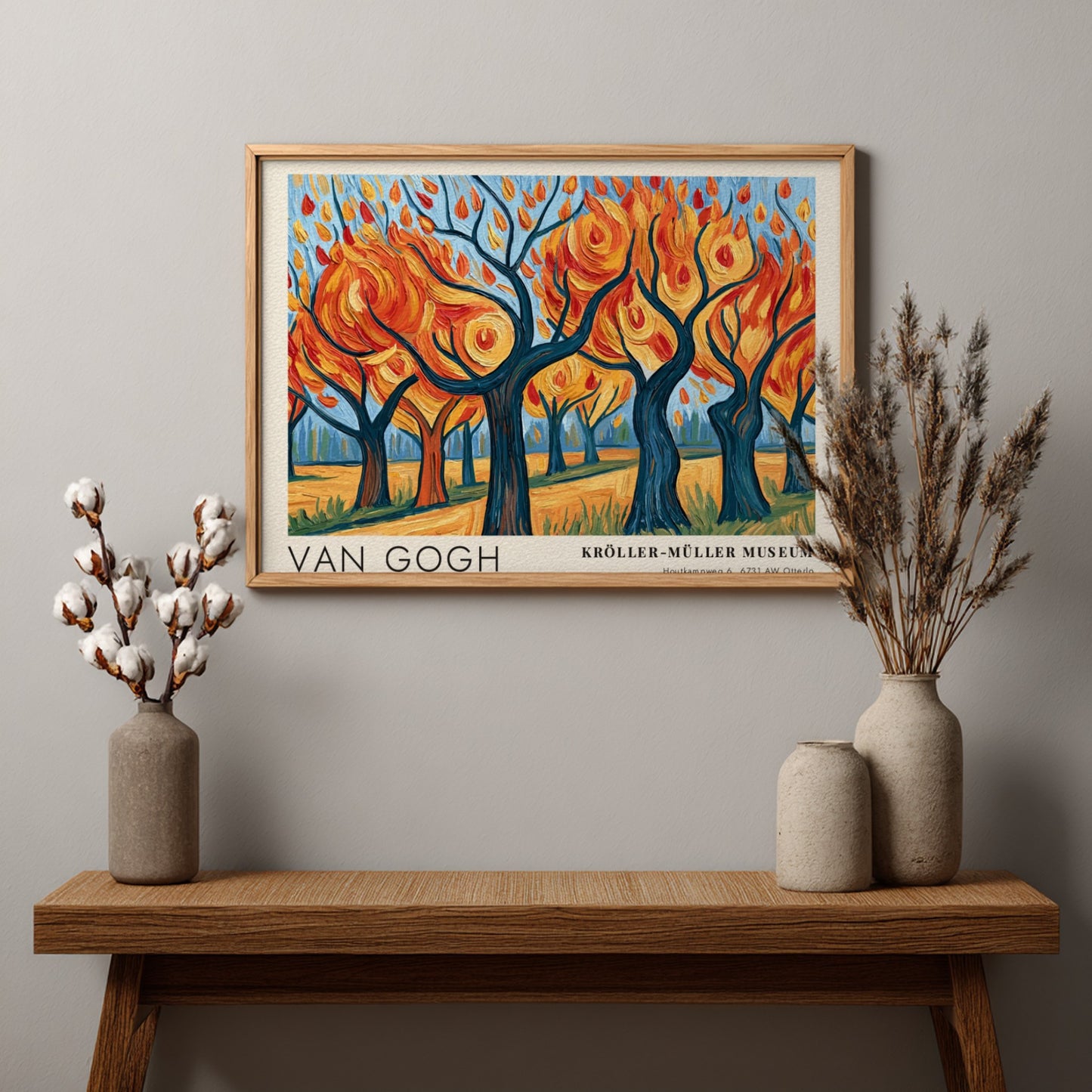 Van Gogh poster featuring vibrant autumn trees in blue and orange hues
