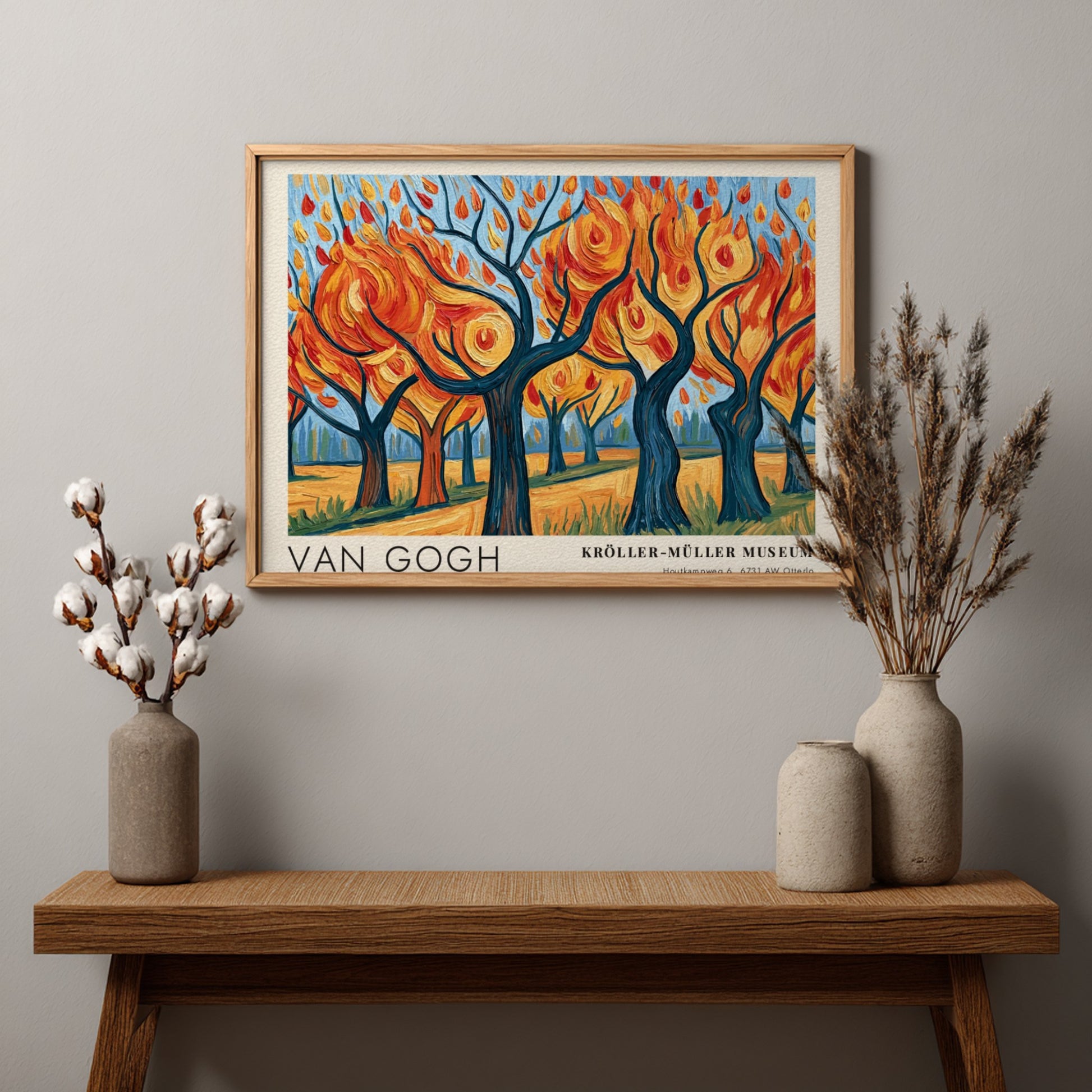 Van Gogh poster featuring vibrant autumn trees in blue and orange hues