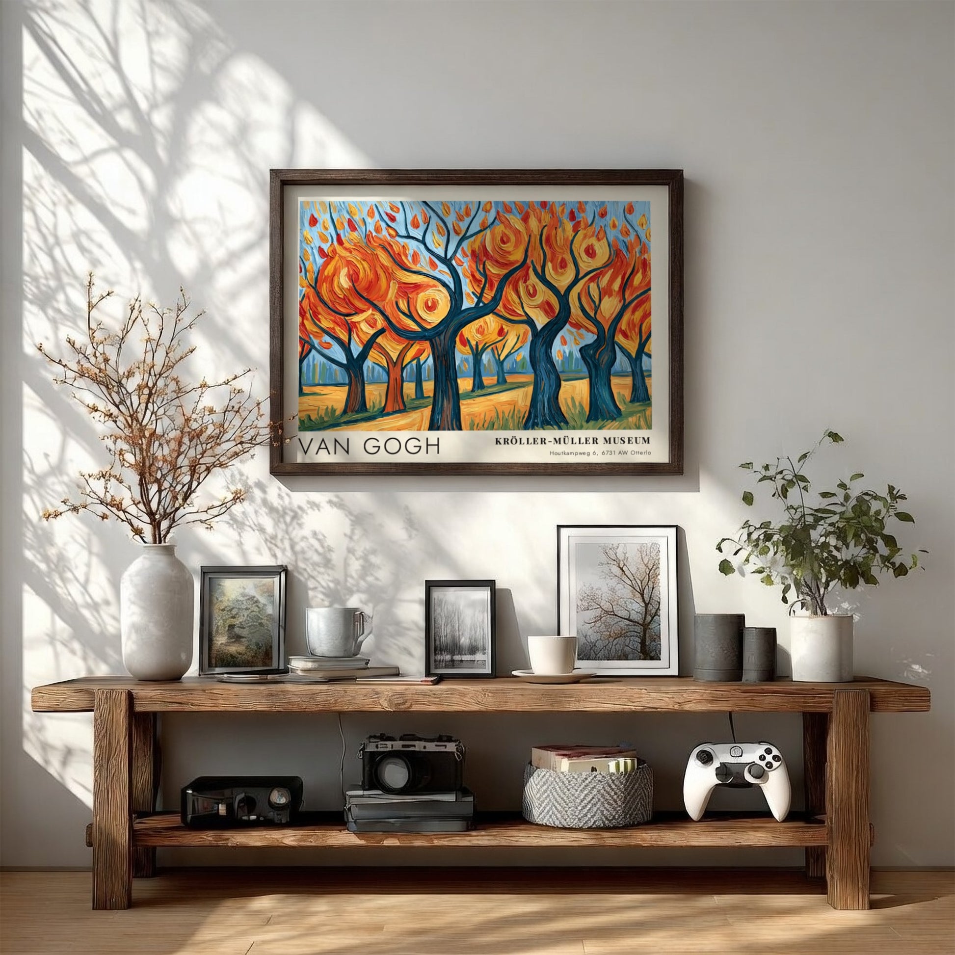 Van Gogh poster featuring vibrant autumn trees in blue and orange hues