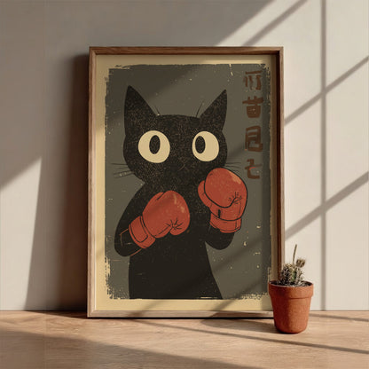 Black Cat Boxing Gloves Poster – Funny Retro Japanese Gym Art Print
