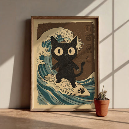 Black Cat Surfing Poster – Funny Retro Japanese Surf Wall Art Print