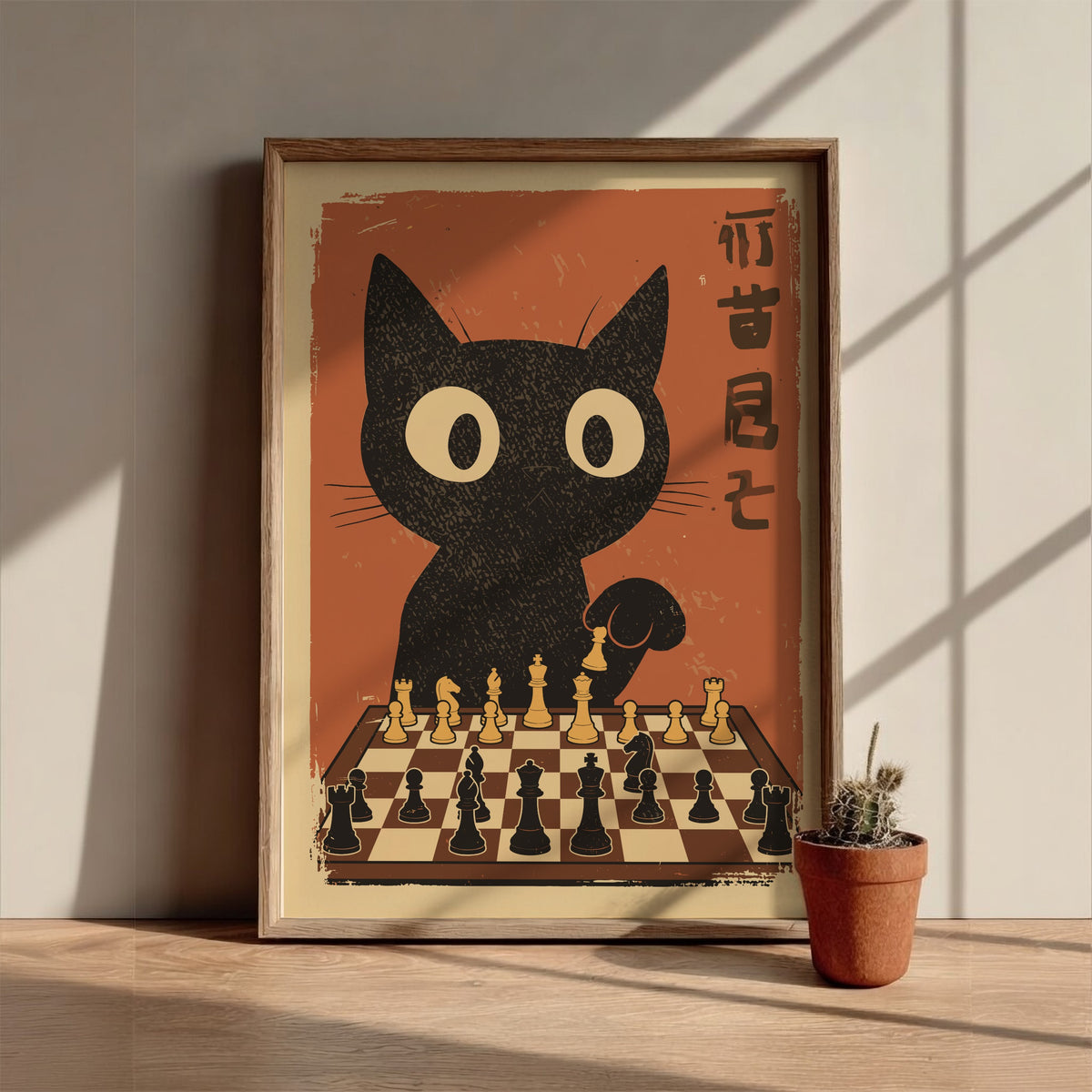 Black Cat Playing Chess Poster – Retro Japanese Games Room Art Print