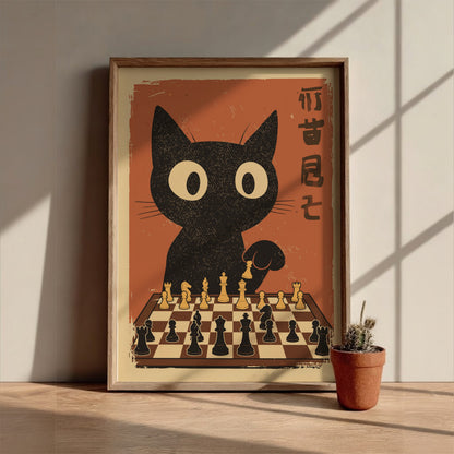 Black Cat Playing Chess Poster – Retro Japanese Games Room Art Print
