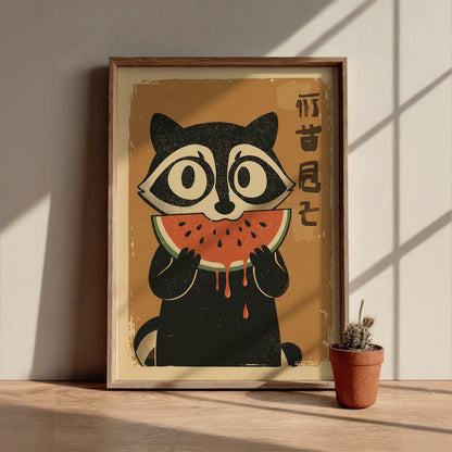 Raccoon Eating Watermelon Poster – Funny Retro Summer Fruit Art Print