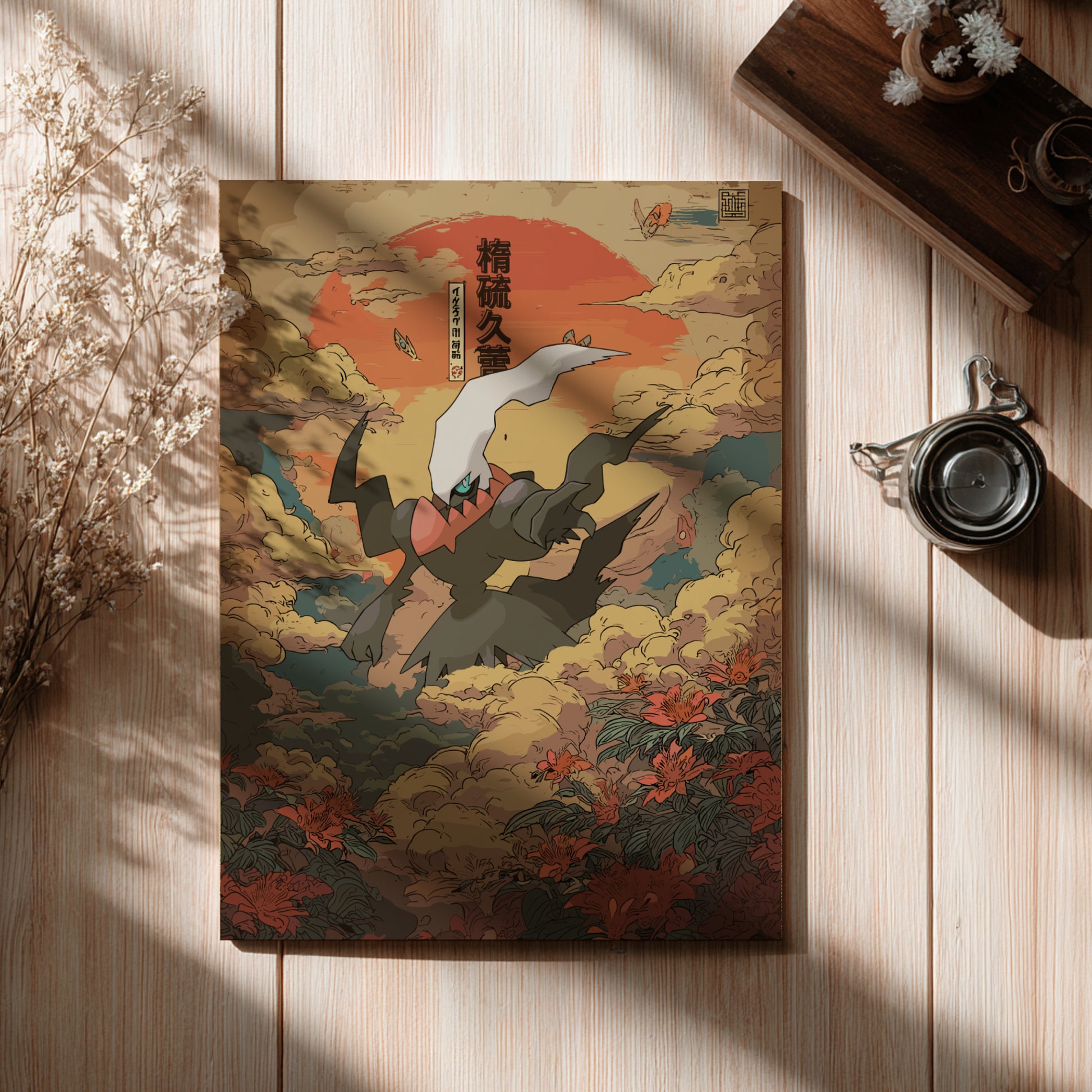 Decorative poster with a Darkrai Pokemon design on a wooden surface