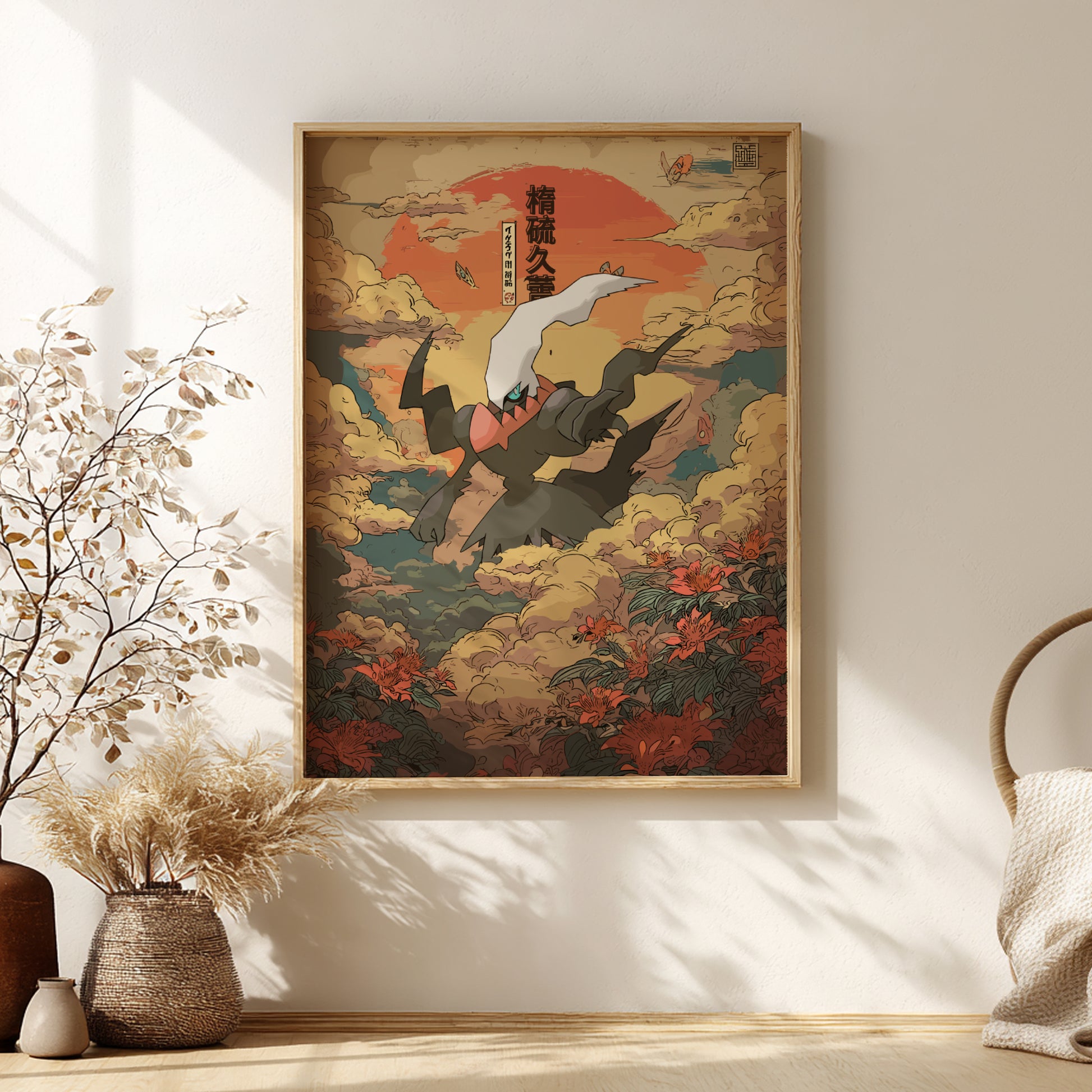 Framed artwork with a Darkrai Pokemon design on a wall in a room with decor elements.