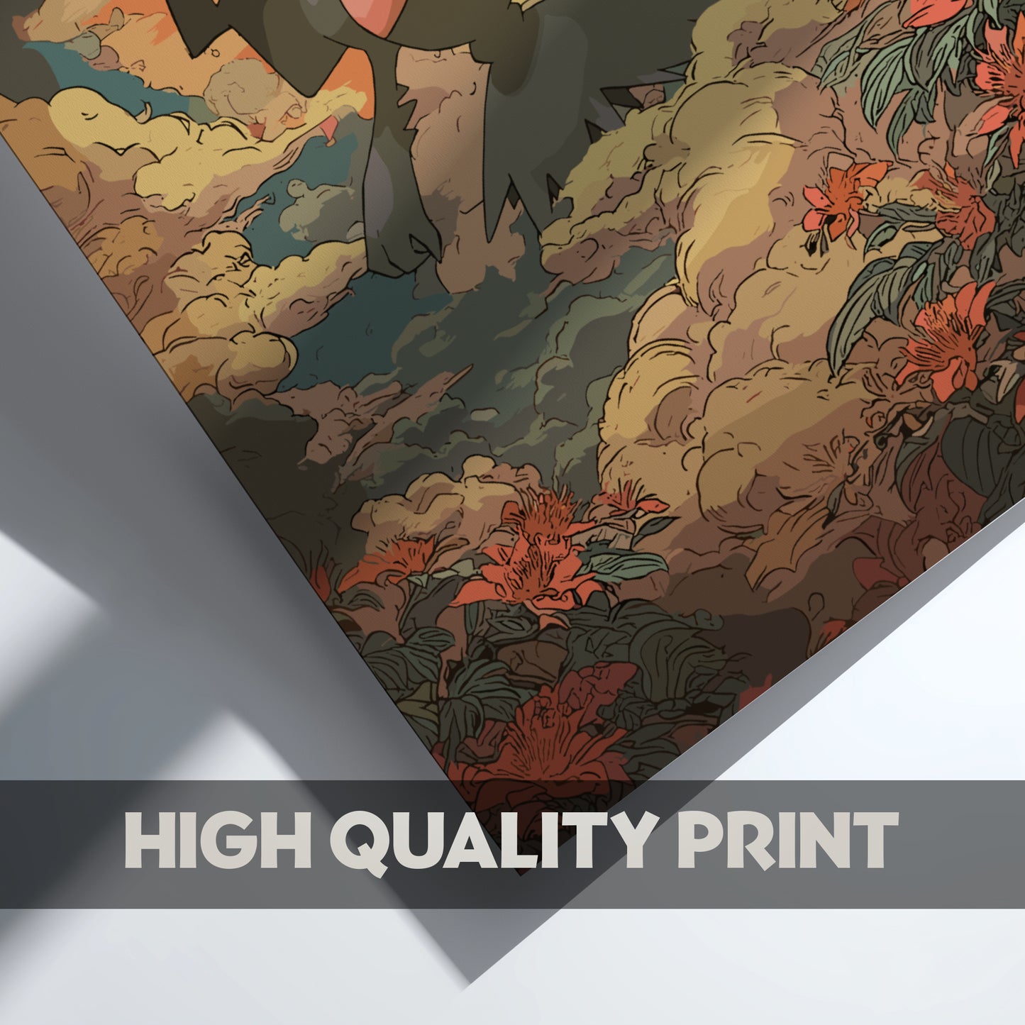 Decorative paper with floral and cloud design of Darkrai Pokemon on a gray background, labeled 'High Quality Print'.
