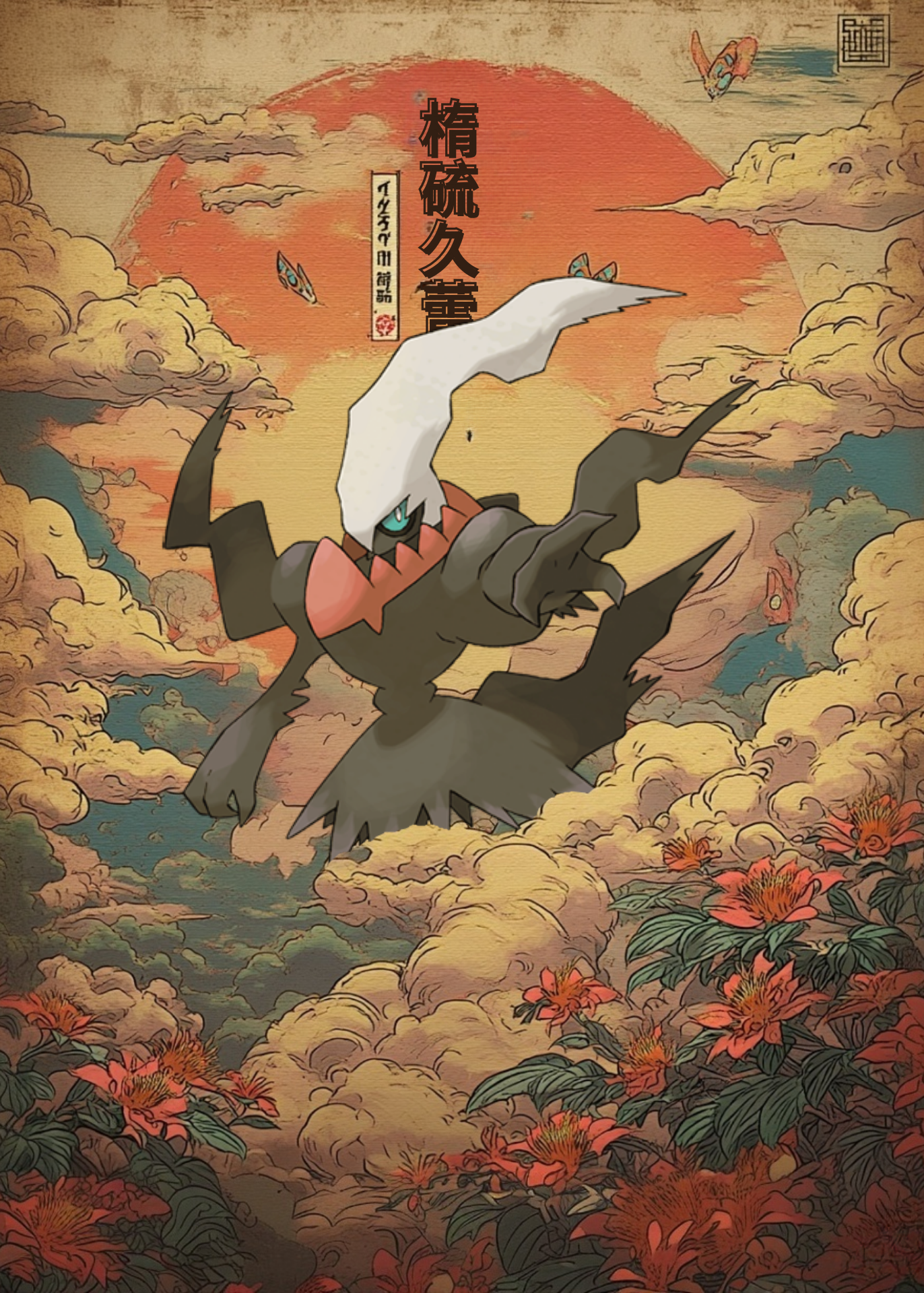 Darkrai Pokemon character in a fantasy setting with clouds and flowers