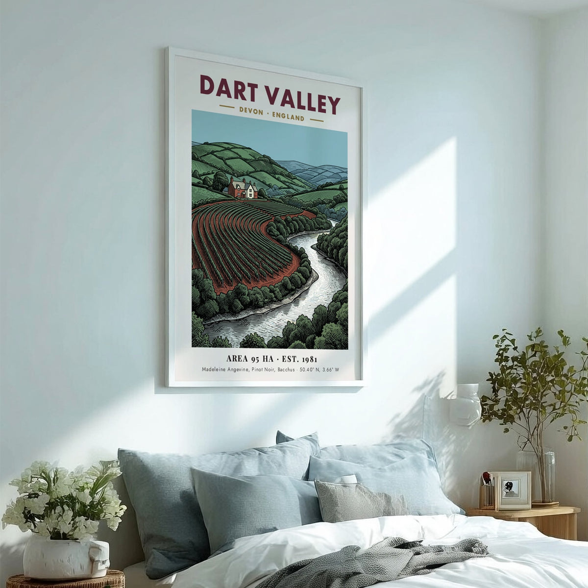 Poster featuring the rolling hills, vineyard rows, and river of Dart Valley England.