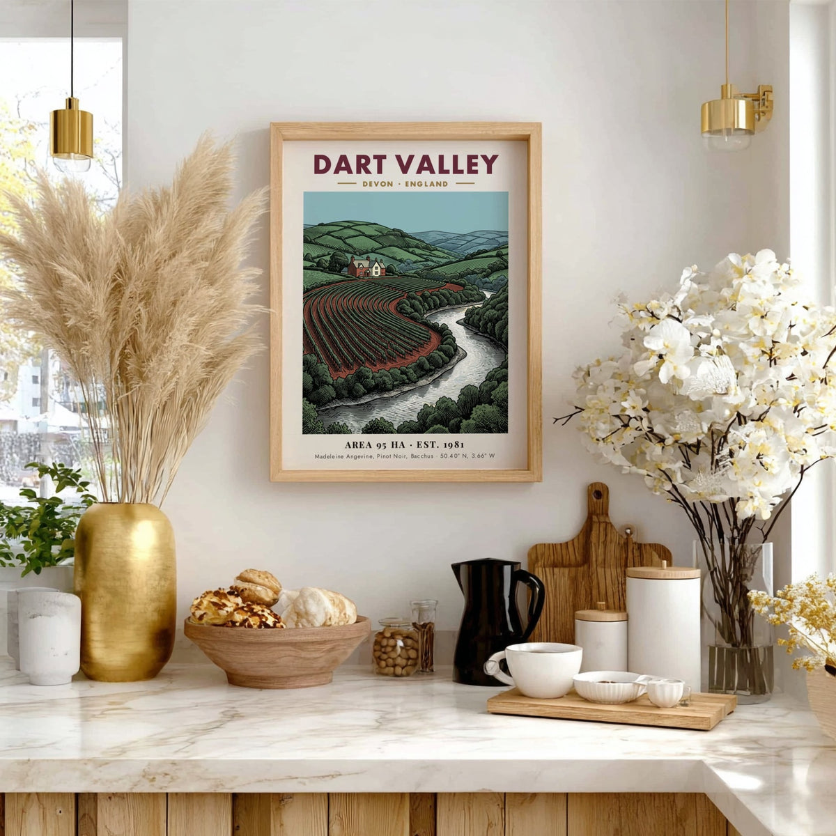 Poster featuring the rolling hills, vineyard rows, and river of Dart Valley England.