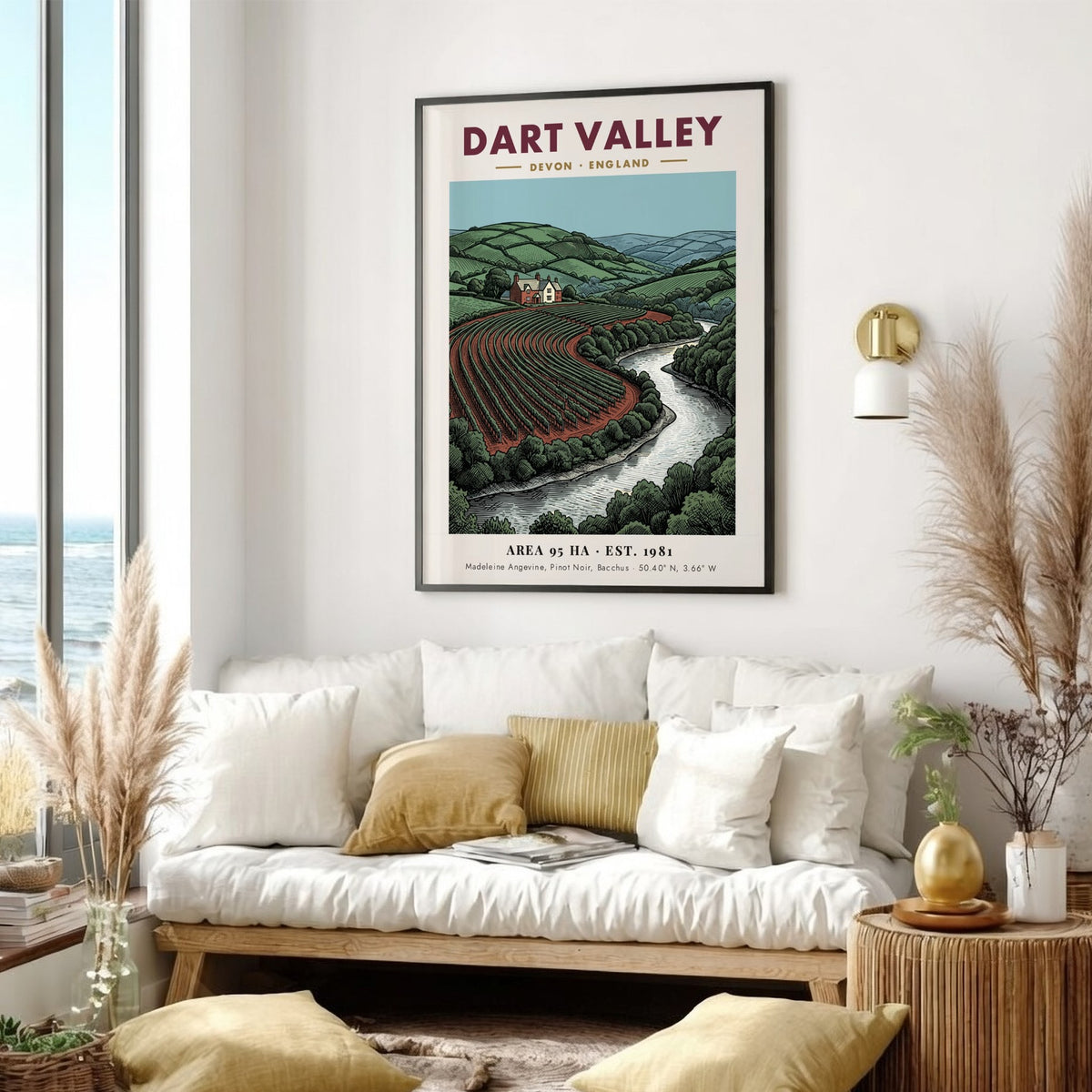 Poster featuring the rolling hills, vineyard rows, and river of Dart Valley England.